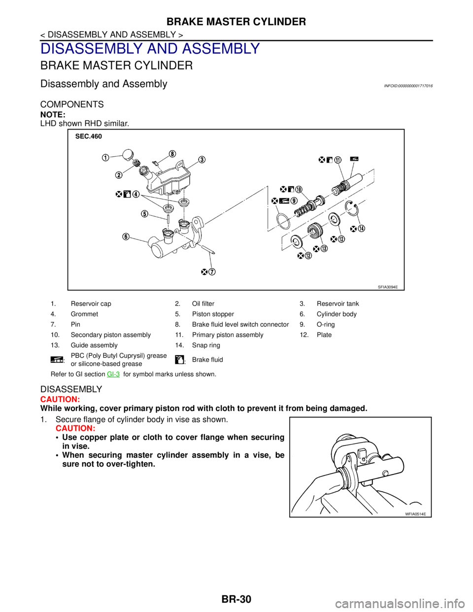 NISSAN TIIDA 2007  Service Repair Manual BR-30
< DISASSEMBLY AND ASSEMBLY >
BRAKE MASTER CYLINDER
DISASSEMBLY AND ASSEMBLY
BRAKE MASTER CYLINDER
Disassembly and AssemblyINFOID:0000000001717016
COMPONENTS
NOTE:
LHD shown RHD similar.
DISASSEM