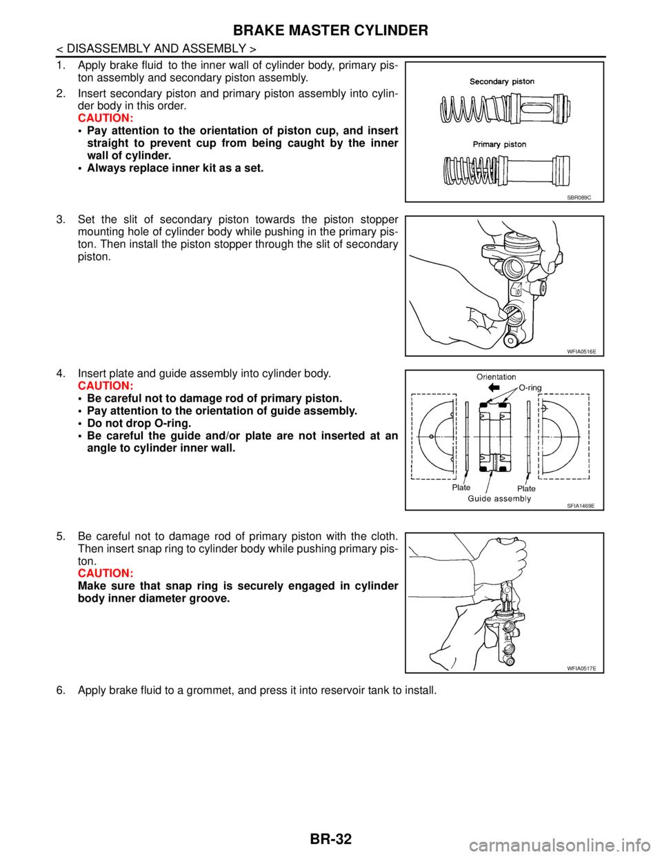 NISSAN TIIDA 2007  Service Repair Manual BR-32
< DISASSEMBLY AND ASSEMBLY >
BRAKE MASTER CYLINDER
1. Apply brake fluid to the inner wall of cylinder body, primary pis-
ton assembly and secondary piston assembly. 
2. Insert secondary piston a