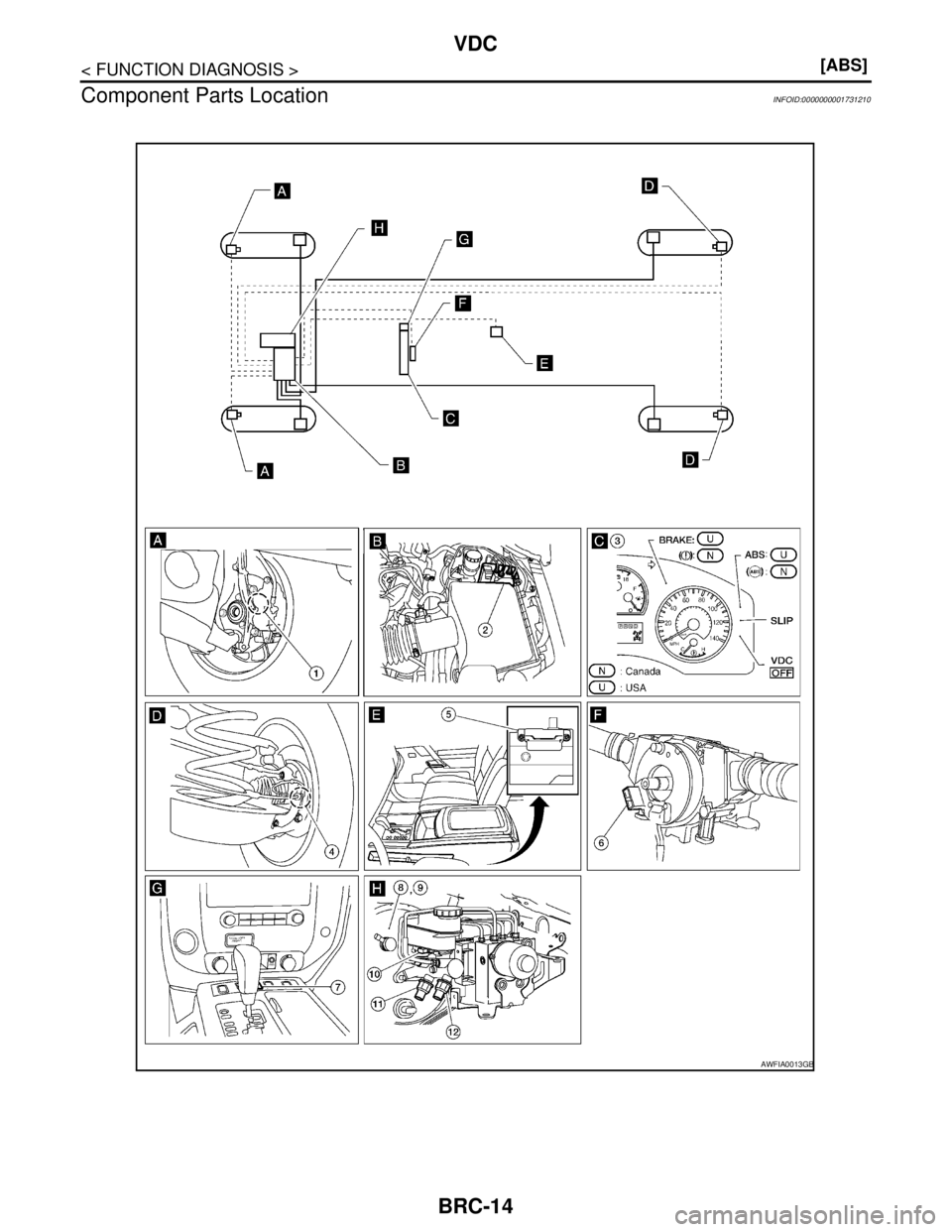 NISSAN TIIDA 2007  Service Repair Manual BRC-14
< FUNCTION DIAGNOSIS >[ABS]
VDC
Component Parts Location
INFOID:0000000001731210
AWFIA0013GB 