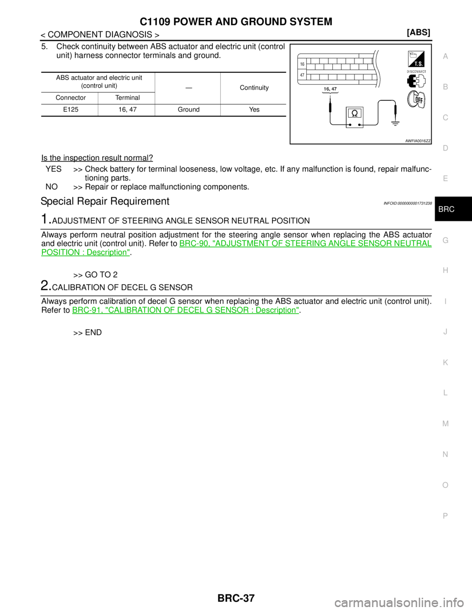 NISSAN TIIDA 2007  Service Repair Manual C1109 POWER AND GROUND SYSTEM
BRC-37
< COMPONENT DIAGNOSIS >[ABS]
C
D
E
G
H
I
J
K
L
MA
B
BRC
N
O
P
5. Check continuity between ABS actuator and electric unit (control
unit) harness connector terminals