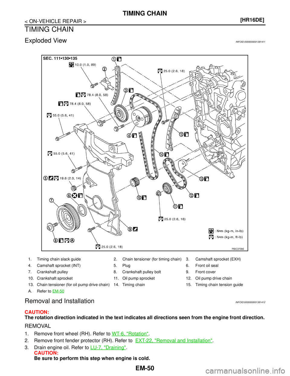 NISSAN TIIDA 2007  Service Repair Manual EM-50
< ON-VEHICLE REPAIR >[HR16DE]
TIMING CHAIN
TIMING CHAIN
Exploded ViewINFOID:0000000001381411
Removal and InstallationINFOID:0000000001381412
CAUTION:
The rotation direction indicated in the text