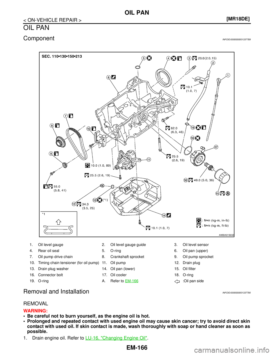 NISSAN TIIDA 2007  Service Repair Manual EM-166
< ON-VEHICLE REPAIR >[MR18DE]
OIL PAN
OIL PAN
ComponentINFOID:0000000001337789
Removal and InstallationINFOID:0000000001337790
REMOVAL
WARNING:
 Be careful not to burn yourself, as the engine 