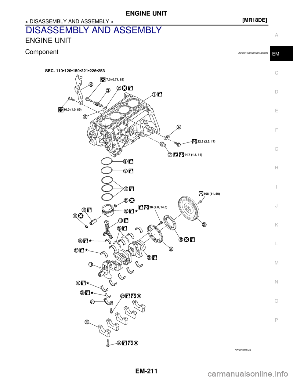 NISSAN TIIDA 2007  Service Repair Manual ENGINE UNIT
EM-211
< DISASSEMBLY AND ASSEMBLY >[MR18DE]
C
D
E
F
G
H
I
J
K
L
MA
EM
N
P O
DISASSEMBLY AND ASSEMBLY
ENGINE UNIT
ComponentINFOID:0000000001337811
AWBIA0116GB 