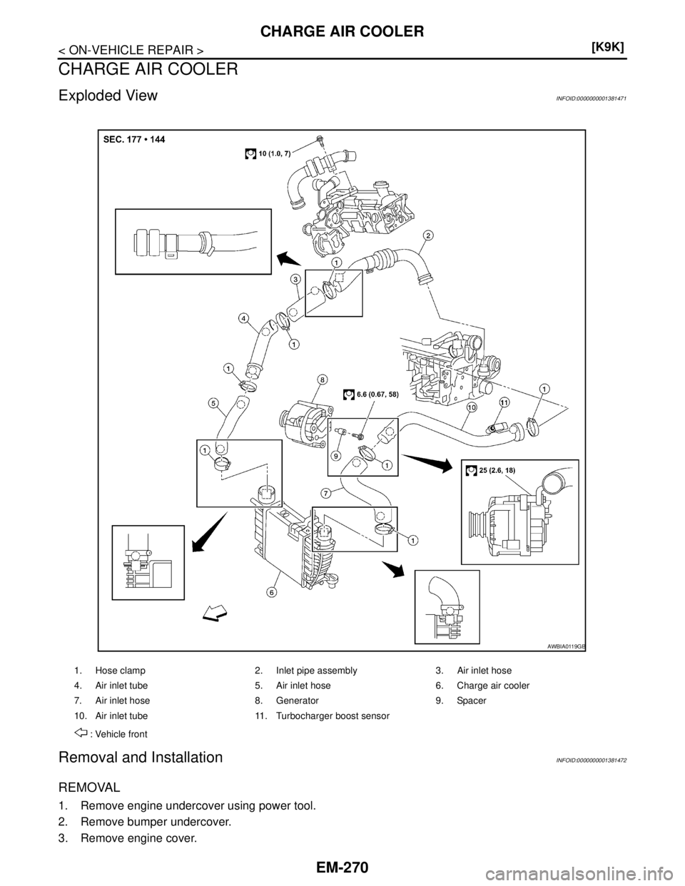 NISSAN TIIDA 2007  Service Repair Manual EM-270
< ON-VEHICLE REPAIR >[K9K]
CHARGE AIR COOLER
CHARGE AIR COOLER
Exploded ViewINFOID:0000000001381471
Removal and InstallationINFOID:0000000001381472
REMOVAL
1. Remove engine undercover using pow