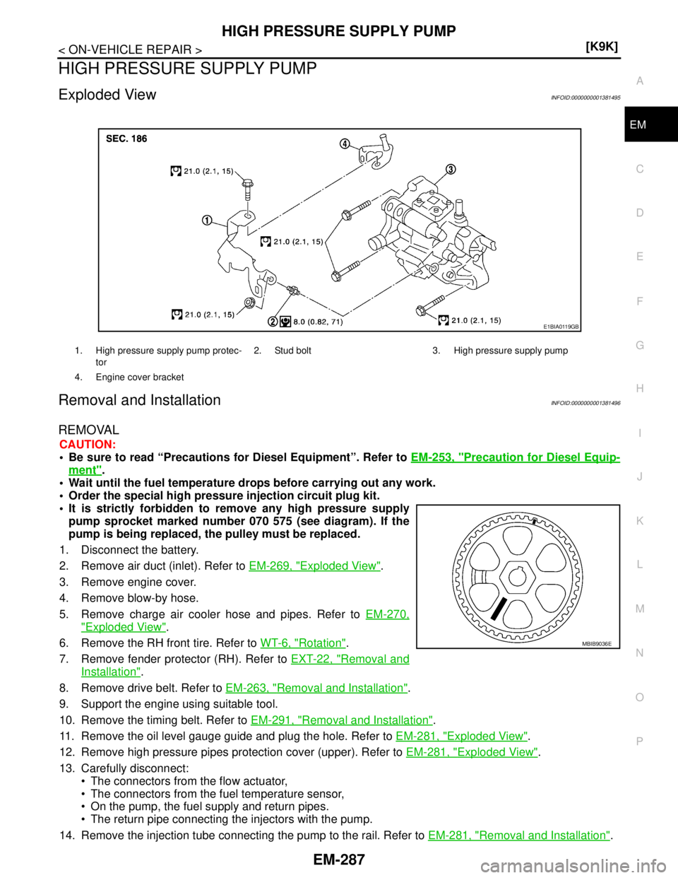 NISSAN TIIDA 2007  Service Repair Manual HIGH PRESSURE SUPPLY PUMP
EM-287
< ON-VEHICLE REPAIR >[K9K]
C
D
E
F
G
H
I
J
K
L
MA
EM
N
P O
HIGH PRESSURE SUPPLY PUMP
Exploded ViewINFOID:0000000001381495
Removal and InstallationINFOID:00000000013814