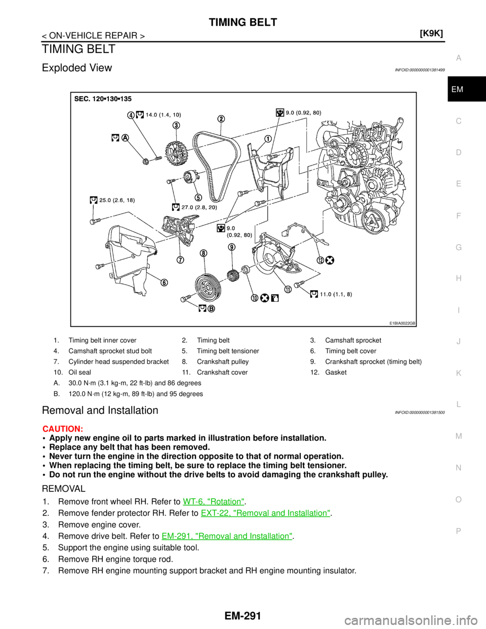 NISSAN TIIDA 2007  Service Repair Manual TIMING BELT
EM-291
< ON-VEHICLE REPAIR >[K9K]
C
D
E
F
G
H
I
J
K
L
MA
EM
N
P O
TIMING BELT
Exploded ViewINFOID:0000000001381499
Removal and InstallationINFOID:0000000001381500
CAUTION:
 Apply new engi