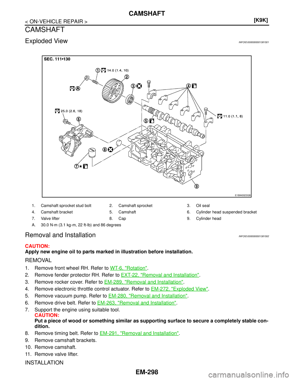 NISSAN TIIDA 2007  Service Repair Manual EM-298
< ON-VEHICLE REPAIR >[K9K]
CAMSHAFT
CAMSHAFT
Exploded ViewINFOID:0000000001381501
Removal and InstallationINFOID:0000000001381502
CAUTION:
Apply new engine oil to parts marked in illustration b