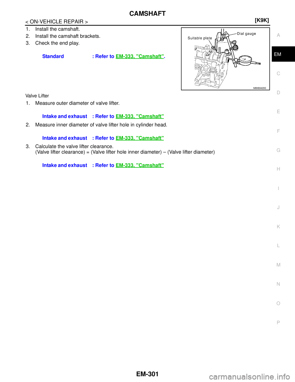 NISSAN TIIDA 2007  Service Repair Manual CAMSHAFT
EM-301
< ON-VEHICLE REPAIR >[K9K]
C
D
E
F
G
H
I
J
K
L
MA
EM
N
P O
1. Install the camshaft.
2. Install the camshaft brackets.
3. Check the end play.
Valve Lifter
1. Measure outer diameter of v
