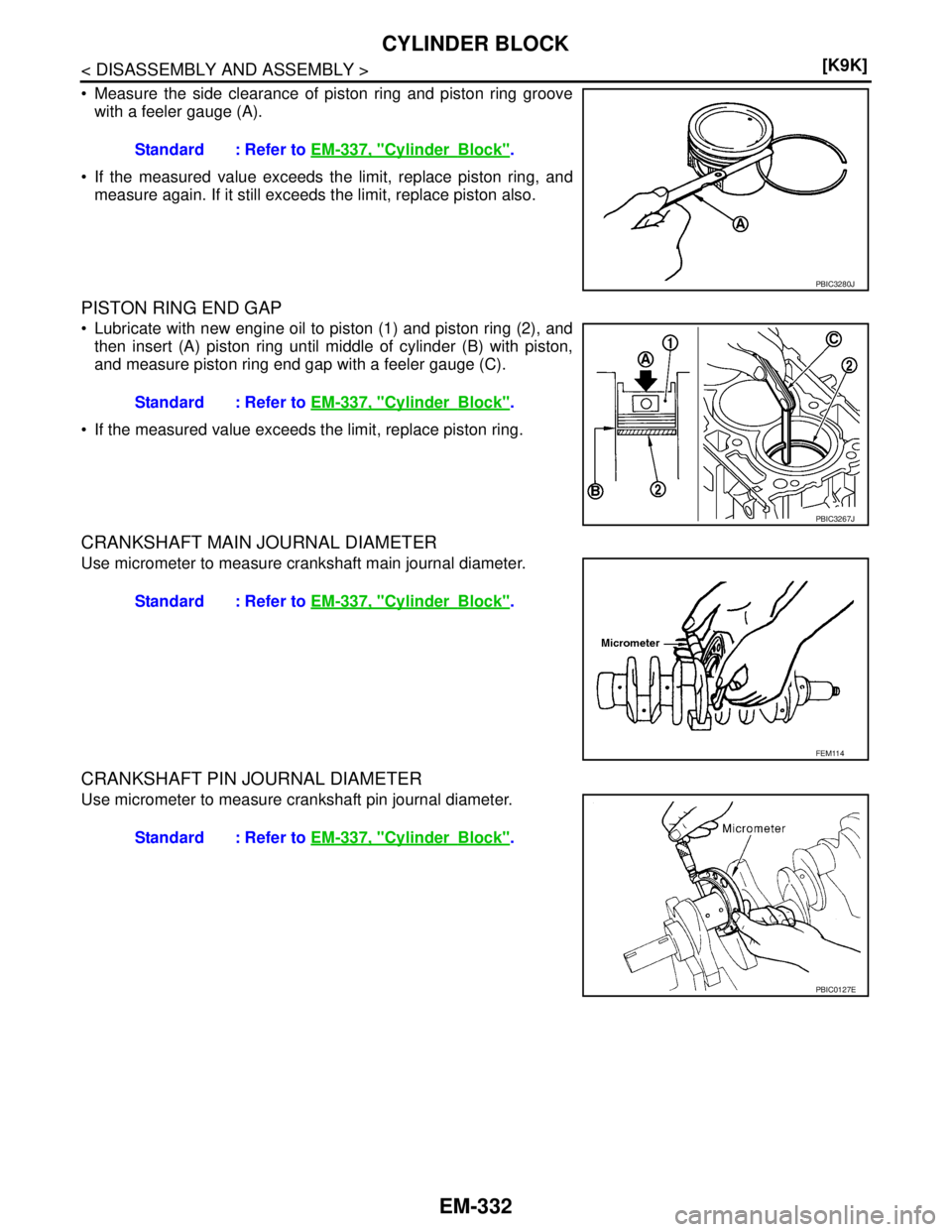 NISSAN TIIDA 2007  Service Repair Manual EM-332
< DISASSEMBLY AND ASSEMBLY >[K9K]
CYLINDER BLOCK
 Measure the side clearance of piston ring and piston ring groove
with a feeler gauge (A).
 If the measured value exceeds the limit, replace p