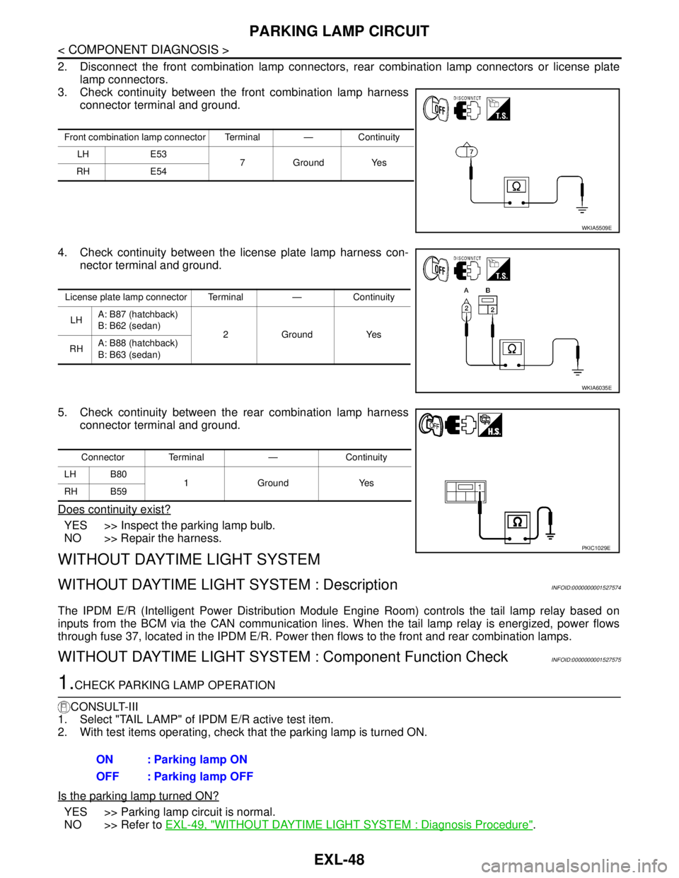 NISSAN TIIDA 2007 Service Repair Manual EXL-48
< COMPONENT DIAGNOSIS >
PARKING LAMP CIRCUIT
2. Disconnect the front combination lamp connectors, rear combination lamp connectors or license plate
lamp connectors.
3. Check continuity between NISSAN TIIDA 2007 Service Repair Manual EXL-48
< COMPONENT DIAGNOSIS >
PARKING LAMP CIRCUIT
2. Disconnect the front combination lamp connectors, rear combination lamp connectors or license plate
lamp connectors.
3. Check continuity between