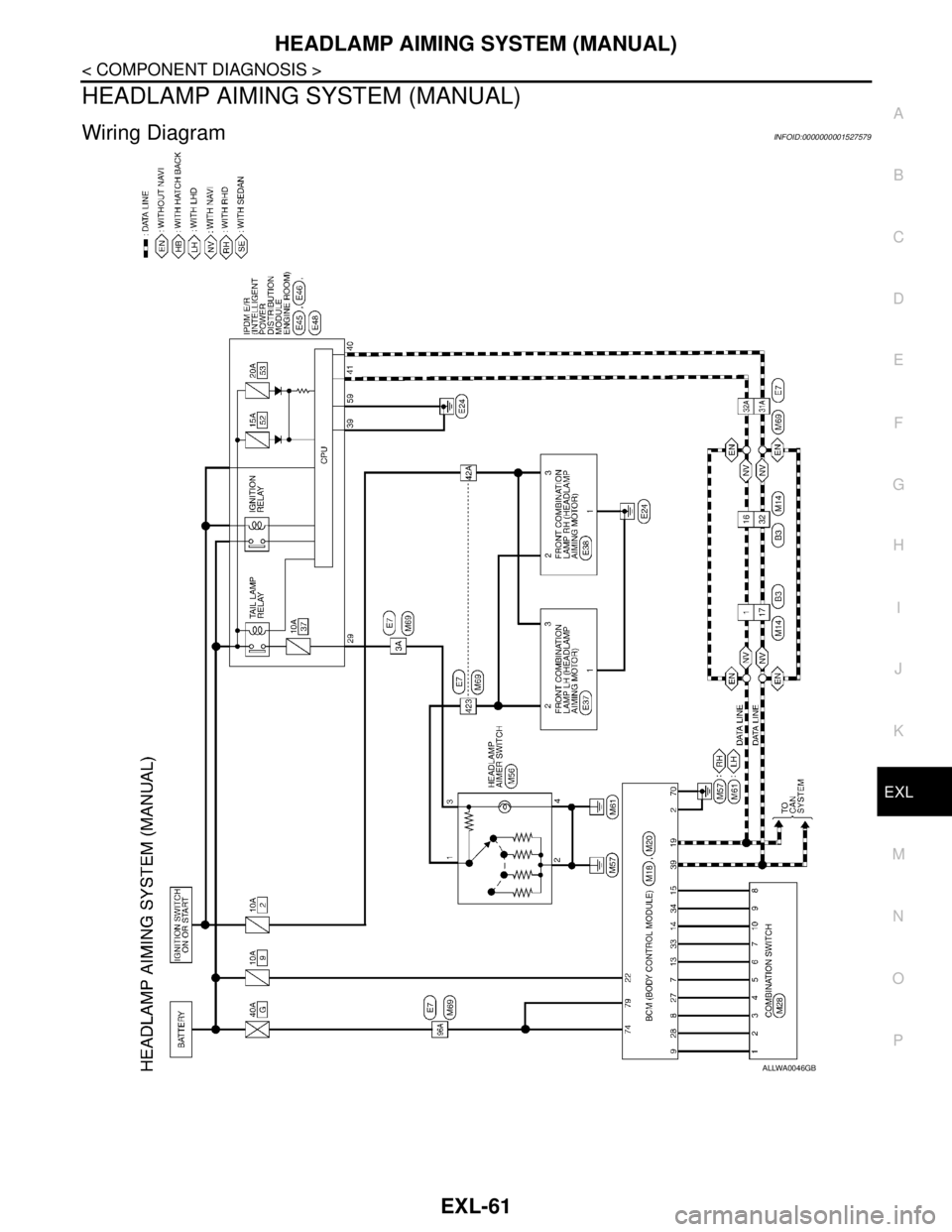 NISSAN TIIDA 2007 Service Repair Manual HEADLAMP AIMING SYSTEM (MANUAL)
EXL-61
< COMPONENT DIAGNOSIS >
C
D
E
F
G
H
I
J
K
MA
B
EXL
N
O
P
HEADLAMP AIMING SYSTEM (MANUAL)
Wiring DiagramINFOID:0000000001527579
ALLWA0046GB NISSAN TIIDA 2007 Service Repair Manual HEADLAMP AIMING SYSTEM (MANUAL)
EXL-61
< COMPONENT DIAGNOSIS >
C
D
E
F
G
H
I
J
K
MA
B
EXL
N
O
P
HEADLAMP AIMING SYSTEM (MANUAL)
Wiring DiagramINFOID:0000000001527579
ALLWA0046GB