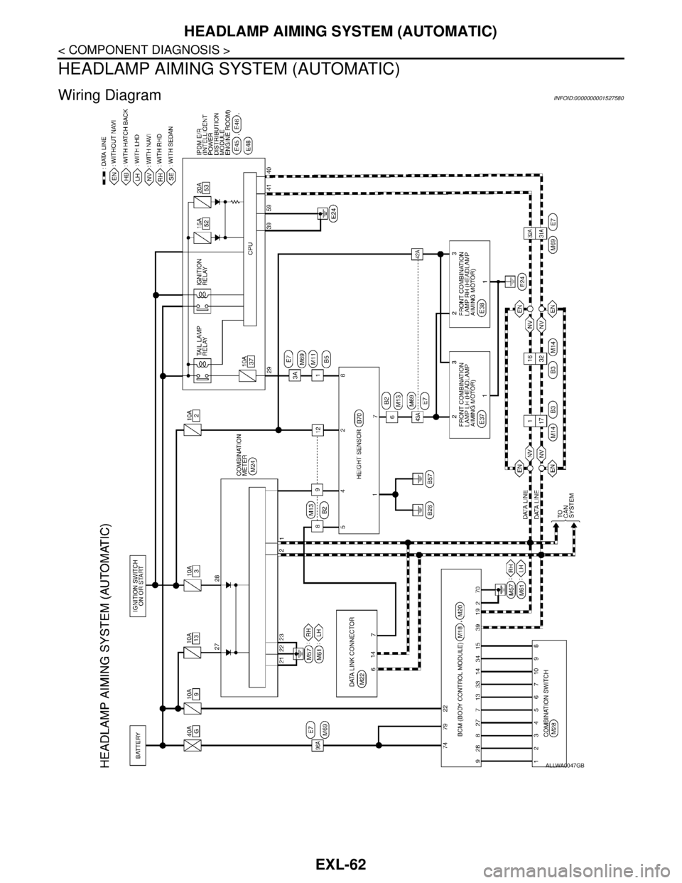 NISSAN TIIDA 2007 Service Repair Manual EXL-62
< COMPONENT DIAGNOSIS >
HEADLAMP AIMING SYSTEM (AUTOMATIC)
HEADLAMP AIMING SYSTEM (AUTOMATIC)
Wiring DiagramINFOID:0000000001527580
ALLWA0047GB NISSAN TIIDA 2007 Service Repair Manual EXL-62
< COMPONENT DIAGNOSIS >
HEADLAMP AIMING SYSTEM (AUTOMATIC)
HEADLAMP AIMING SYSTEM (AUTOMATIC)
Wiring DiagramINFOID:0000000001527580
ALLWA0047GB