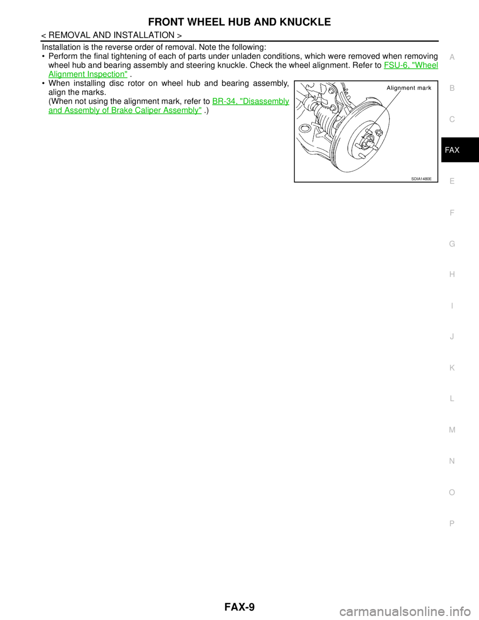 NISSAN TIIDA 2007 Service Repair Manual FRONT WHEEL HUB AND KNUCKLE
FAX-9
< REMOVAL AND INSTALLATION >
C
E
F
G
H
I
J
K
L
MA
B
FA X
N
O
P
Installation is the reverse order of removal. Note the following:
Perform the final tightening of eac NISSAN TIIDA 2007 Service Repair Manual FRONT WHEEL HUB AND KNUCKLE
FAX-9
< REMOVAL AND INSTALLATION >
C
E
F
G
H
I
J
K
L
MA
B
FA X
N
O
P
Installation is the reverse order of removal. Note the following:
Perform the final tightening of eac