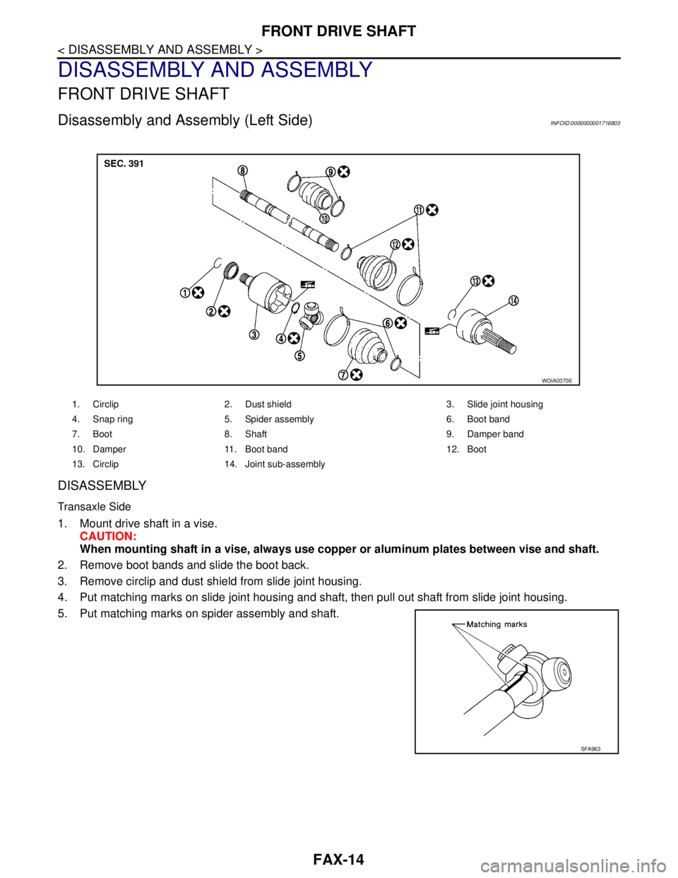 NISSAN TIIDA 2007 Service Repair Manual FAX-14
< DISASSEMBLY AND ASSEMBLY >
FRONT DRIVE SHAFT
DISASSEMBLY AND ASSEMBLY
FRONT DRIVE SHAFT
Disassembly and Assembly (Left Side)INFOID:0000000001716803
DISASSEMBLY
Transaxle Side
1. Mount drive s NISSAN TIIDA 2007 Service Repair Manual FAX-14
< DISASSEMBLY AND ASSEMBLY >
FRONT DRIVE SHAFT
DISASSEMBLY AND ASSEMBLY
FRONT DRIVE SHAFT
Disassembly and Assembly (Left Side)INFOID:0000000001716803
DISASSEMBLY
Transaxle Side
1. Mount drive s