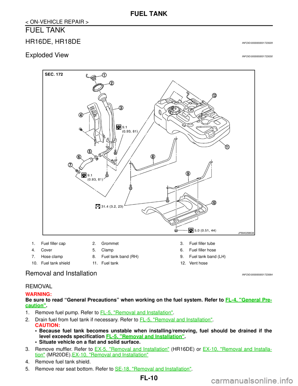 NISSAN TIIDA 2007  Service Repair Manual FL-10
< ON-VEHICLE REPAIR >
FUEL TANK
FUEL TANK
HR16DE, HR18DEINFOID:0000000001723029
Exploded ViewINFOID:0000000001723030
Removal and InstallationINFOID:0000000001723064
REMOVAL
WARNING:
Be sure to r