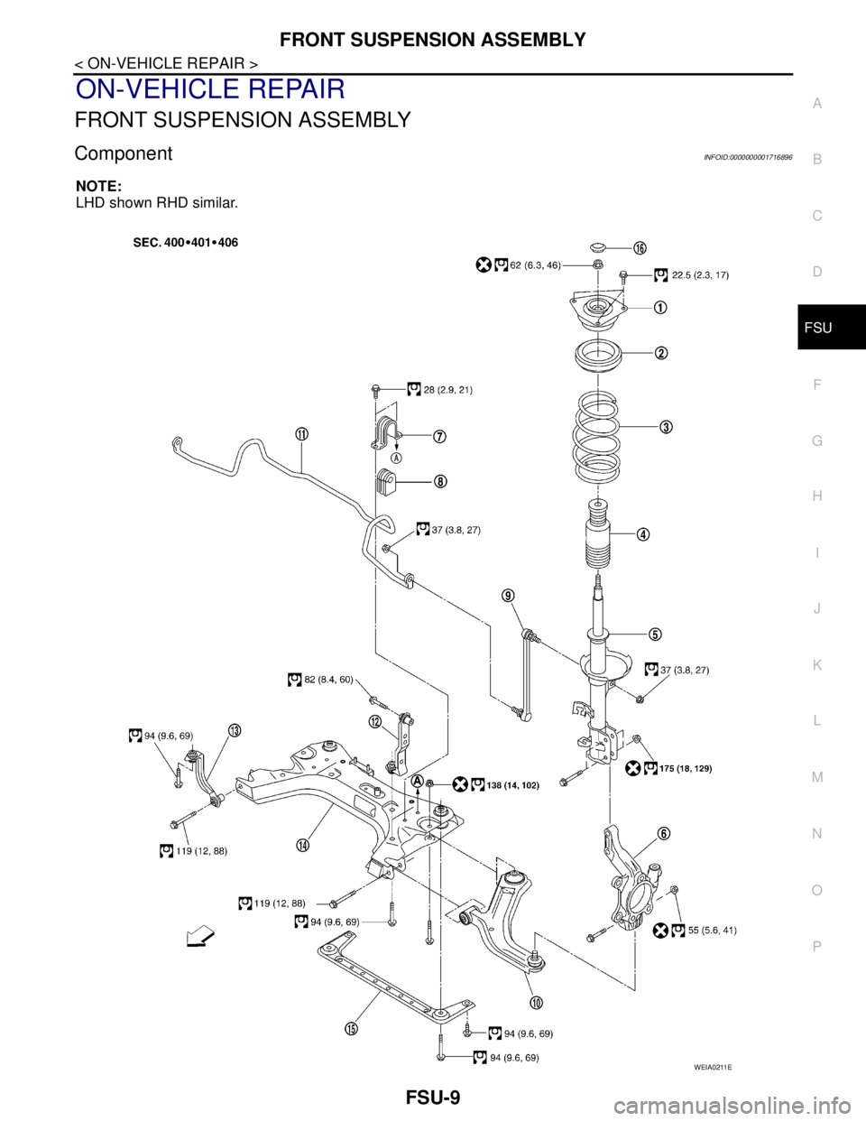 NISSAN TIIDA 2007 Service Repair Manual FRONT SUSPENSION ASSEMBLY
FSU-9
< ON-VEHICLE REPAIR >
C
D
F
G
H
I
J
K
L
MA
B
FSU
N
O
P
ON-VEHICLE REPAIR
FRONT SUSPENSION ASSEMBLY
ComponentINFOID:0000000001716896
NOTE:
LHD shown RHD similar.
WEIA021 NISSAN TIIDA 2007 Service Repair Manual FRONT SUSPENSION ASSEMBLY
FSU-9
< ON-VEHICLE REPAIR >
C
D
F
G
H
I
J
K
L
MA
B
FSU
N
O
P
ON-VEHICLE REPAIR
FRONT SUSPENSION ASSEMBLY
ComponentINFOID:0000000001716896
NOTE:
LHD shown RHD similar.
WEIA021