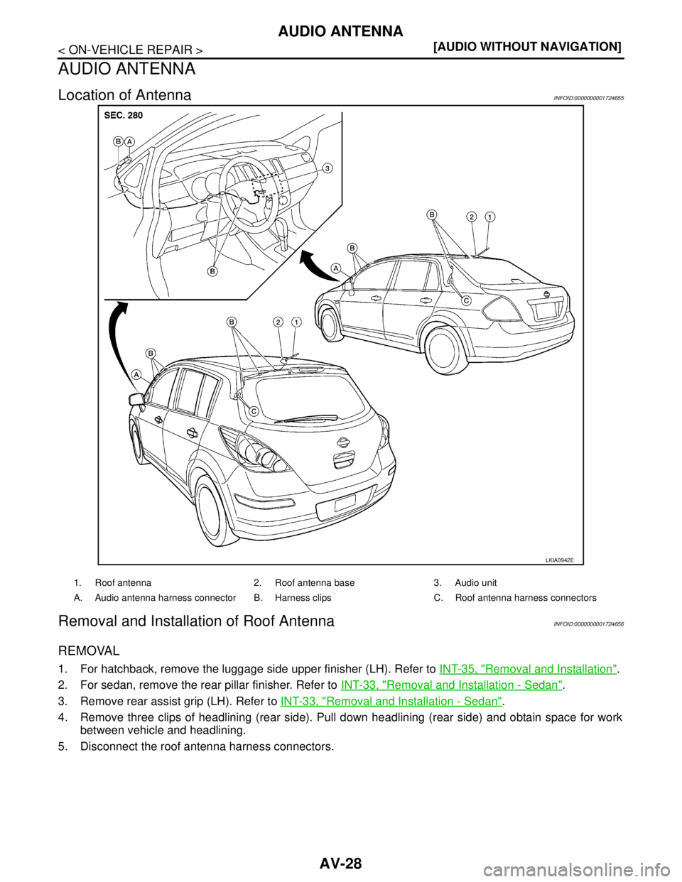 NISSAN TIIDA 2007  Service Owners Guide AV-28
< ON-VEHICLE REPAIR >[AUDIO WITHOUT NAVIGATION]
AUDIO ANTENNA
AUDIO ANTENNA
Location of AntennaINFOID:0000000001724655
Removal and Installation of Roof AntennaINFOID:0000000001724656
REMOVAL
1. 