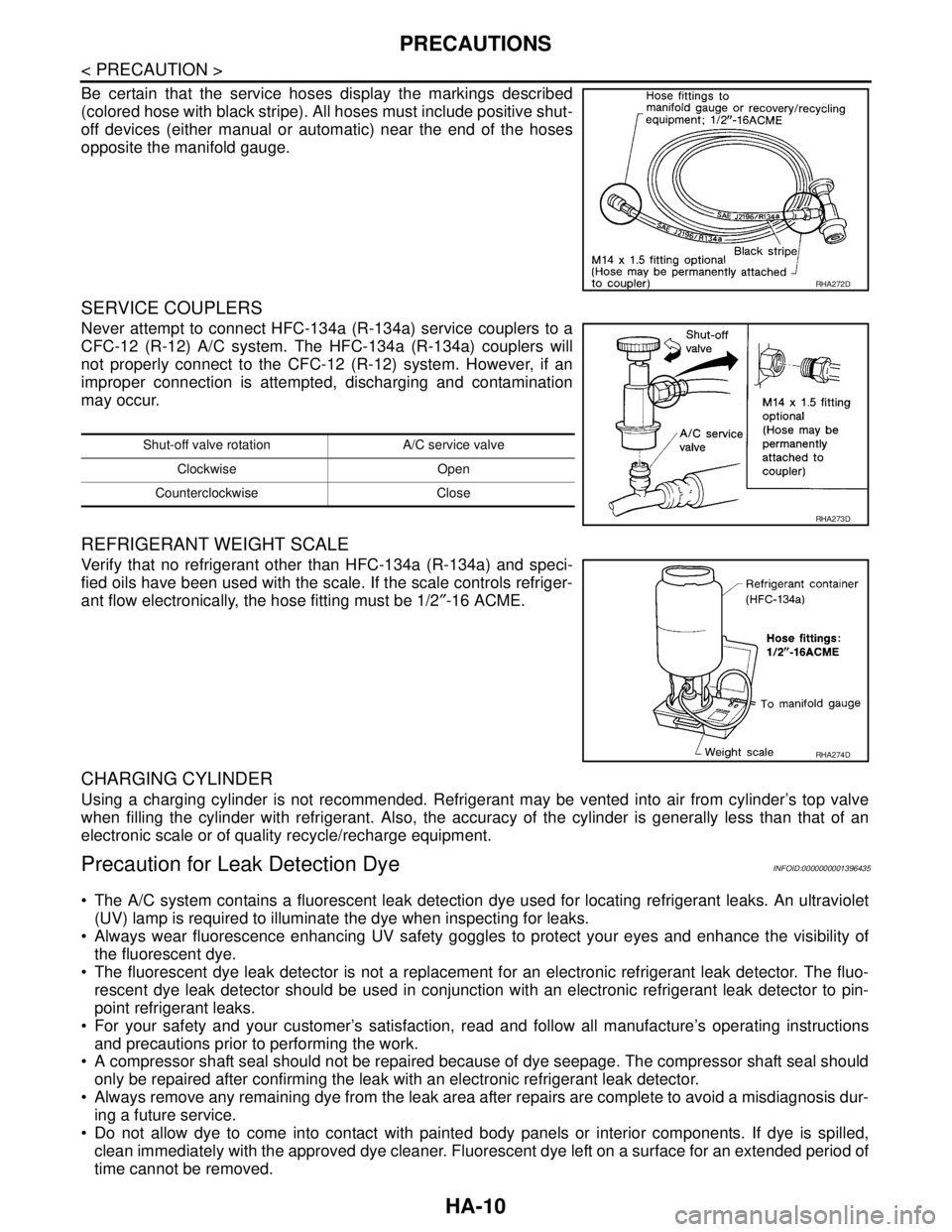 NISSAN TIIDA 2007 Service Repair Manual HA-10
< PRECAUTION >
PRECAUTIONS
Be certain that the service hoses display the markings described
(colored hose with black stripe). All hoses must include positive shut-
off devices (either manual or NISSAN TIIDA 2007 Service Repair Manual HA-10
< PRECAUTION >
PRECAUTIONS
Be certain that the service hoses display the markings described
(colored hose with black stripe). All hoses must include positive shut-
off devices (either manual or