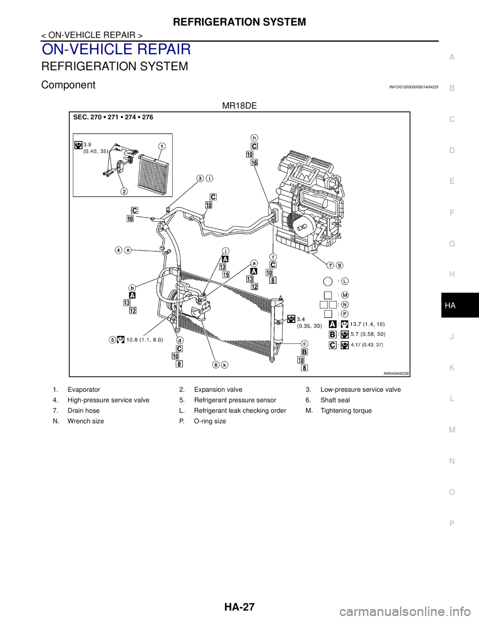 NISSAN TIIDA 2007 Service Repair Manual REFRIGERATION SYSTEM
HA-27
< ON-VEHICLE REPAIR >
C
D
E
F
G
H
J
K
L
MA
B
HA
N
O
P
ON-VEHICLE REPAIR
REFRIGERATION SYSTEM
ComponentINFOID:0000000001404235
MR18DE
AWIIA0442GB
1. Evaporator 2. Expansion v NISSAN TIIDA 2007 Service Repair Manual REFRIGERATION SYSTEM
HA-27
< ON-VEHICLE REPAIR >
C
D
E
F
G
H
J
K
L
MA
B
HA
N
O
P
ON-VEHICLE REPAIR
REFRIGERATION SYSTEM
ComponentINFOID:0000000001404235
MR18DE
AWIIA0442GB
1. Evaporator 2. Expansion v