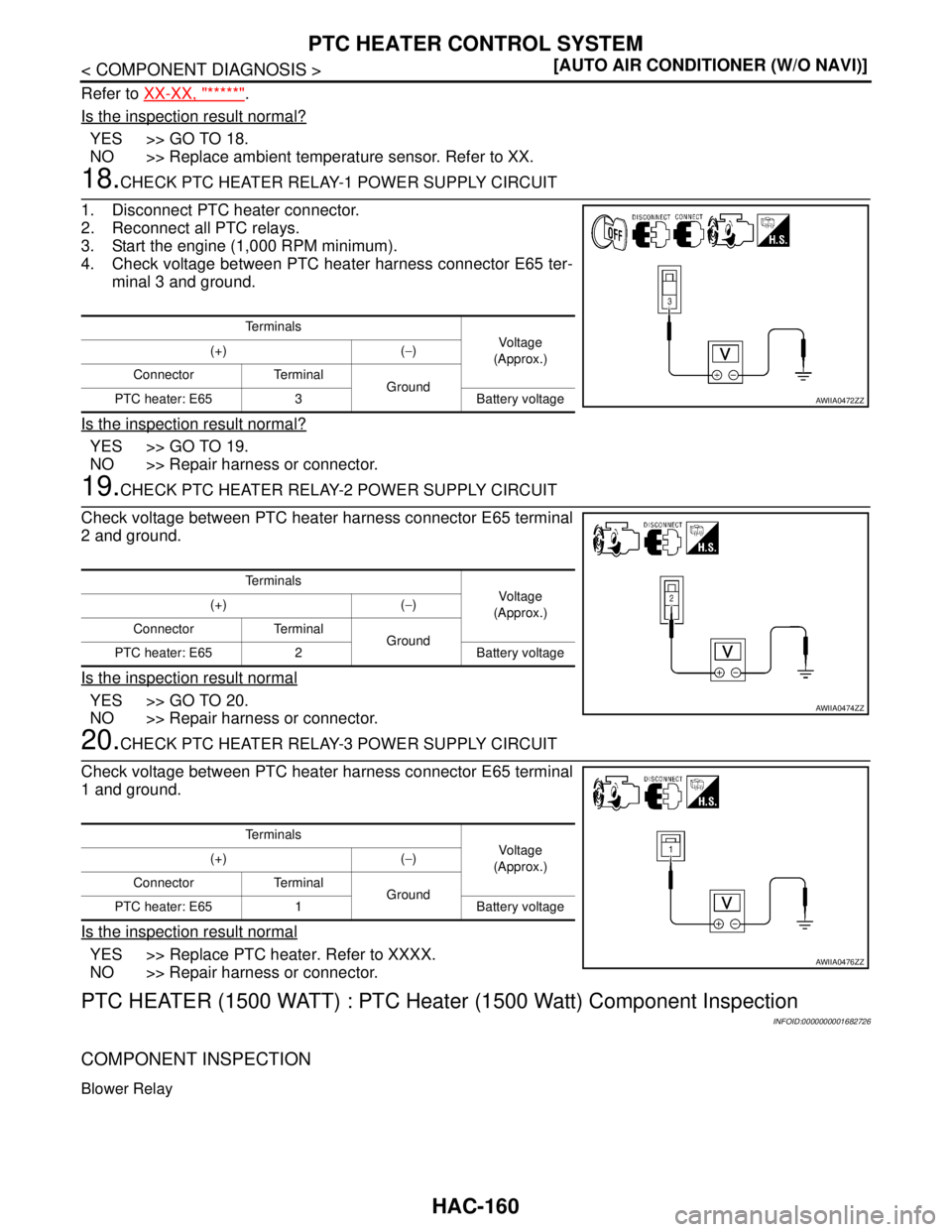 NISSAN TIIDA 2007  Service Repair Manual HAC-160
< COMPONENT DIAGNOSIS >[AUTO AIR CONDITIONER (W/O NAVI)]
PTC HEATER CONTROL SYSTEM
Refer to XX-XX, "*****".
Is the inspection result normal?
YES >> GO TO 18.
NO >> Replace ambient temperature 