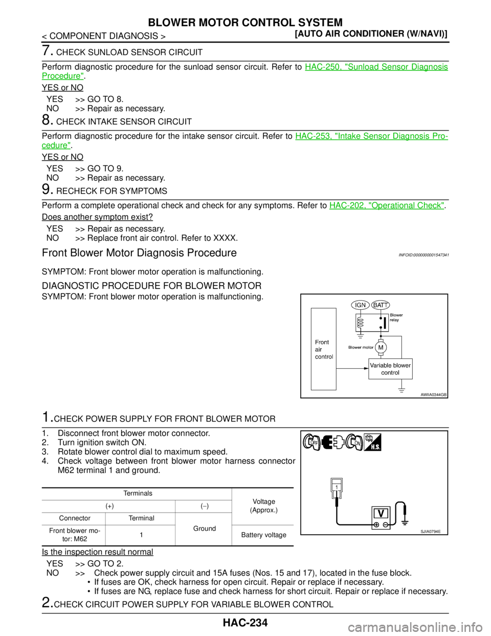 NISSAN TIIDA 2007  Service Repair Manual HAC-234
< COMPONENT DIAGNOSIS >[AUTO AIR CONDITIONER (W/NAVI)]
BLOWER MOTOR CONTROL SYSTEM
7. CHECK SUNLOAD SENSOR CIRCUIT
Perform diagnostic procedure for the sunload sensor circuit. Refer to HAC-250