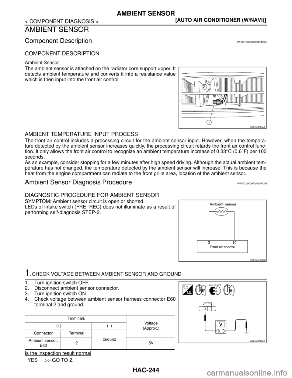 NISSAN TIIDA 2007  Service Repair Manual HAC-244
< COMPONENT DIAGNOSIS >[AUTO AIR CONDITIONER (W/NAVI)]
AMBIENT SENSOR
AMBIENT SENSOR
Component DescriptionINFOID:0000000001547357
COMPONENT DESCRIPTION
Ambient Sensor
The ambient sensor is att