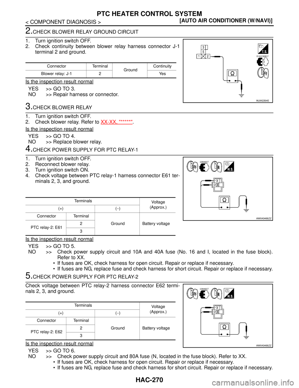 NISSAN TIIDA 2007  Service Repair Manual HAC-270
< COMPONENT DIAGNOSIS >[AUTO AIR CONDITIONER (W/NAVI)]
PTC HEATER CONTROL SYSTEM
2.CHECK BLOWER RELAY GROUND CIRCUIT 
1. Turn ignition switch OFF.
2. Check continuity between blower relay harn