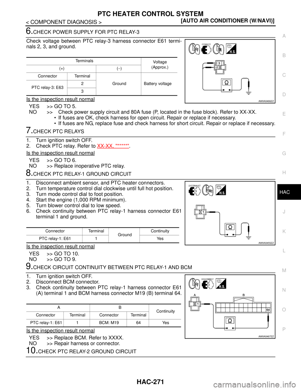 NISSAN TIIDA 2007  Service Repair Manual PTC HEATER CONTROL SYSTEM
HAC-271
< COMPONENT DIAGNOSIS >[AUTO AIR CONDITIONER (W/NAVI)]
C
D
E
F
G
H
J
K
L
MA
B
HAC
N
O
P
6.CHECK POWER SUPPLY FOR PTC RELAY-3
Check voltage between PTC relay-3 harness