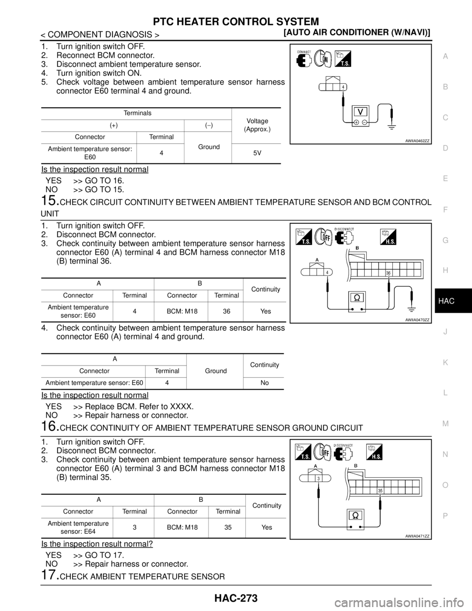 NISSAN TIIDA 2007  Service Repair Manual PTC HEATER CONTROL SYSTEM
HAC-273
< COMPONENT DIAGNOSIS >[AUTO AIR CONDITIONER (W/NAVI)]
C
D
E
F
G
H
J
K
L
MA
B
HAC
N
O
P
1. Turn ignition switch OFF.
2. Reconnect BCM connector.
3. Disconnect ambient