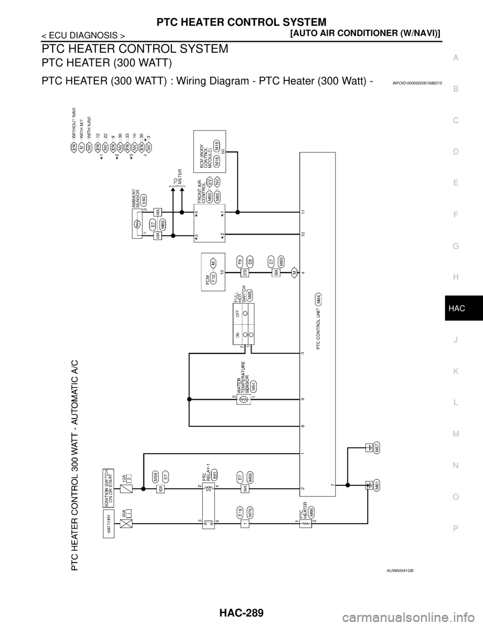NISSAN TIIDA 2007  Service Repair Manual PTC HEATER CONTROL SYSTEM
HAC-289
< ECU DIAGNOSIS >[AUTO AIR CONDITIONER (W/NAVI)]
C
D
E
F
G
H
J
K
L
MA
B
HAC
N
O
P
PTC HEATER CONTROL SYSTEM
PTC HEATER (300 WATT)
PTC HEATER (300 WATT) : Wiring Diagr