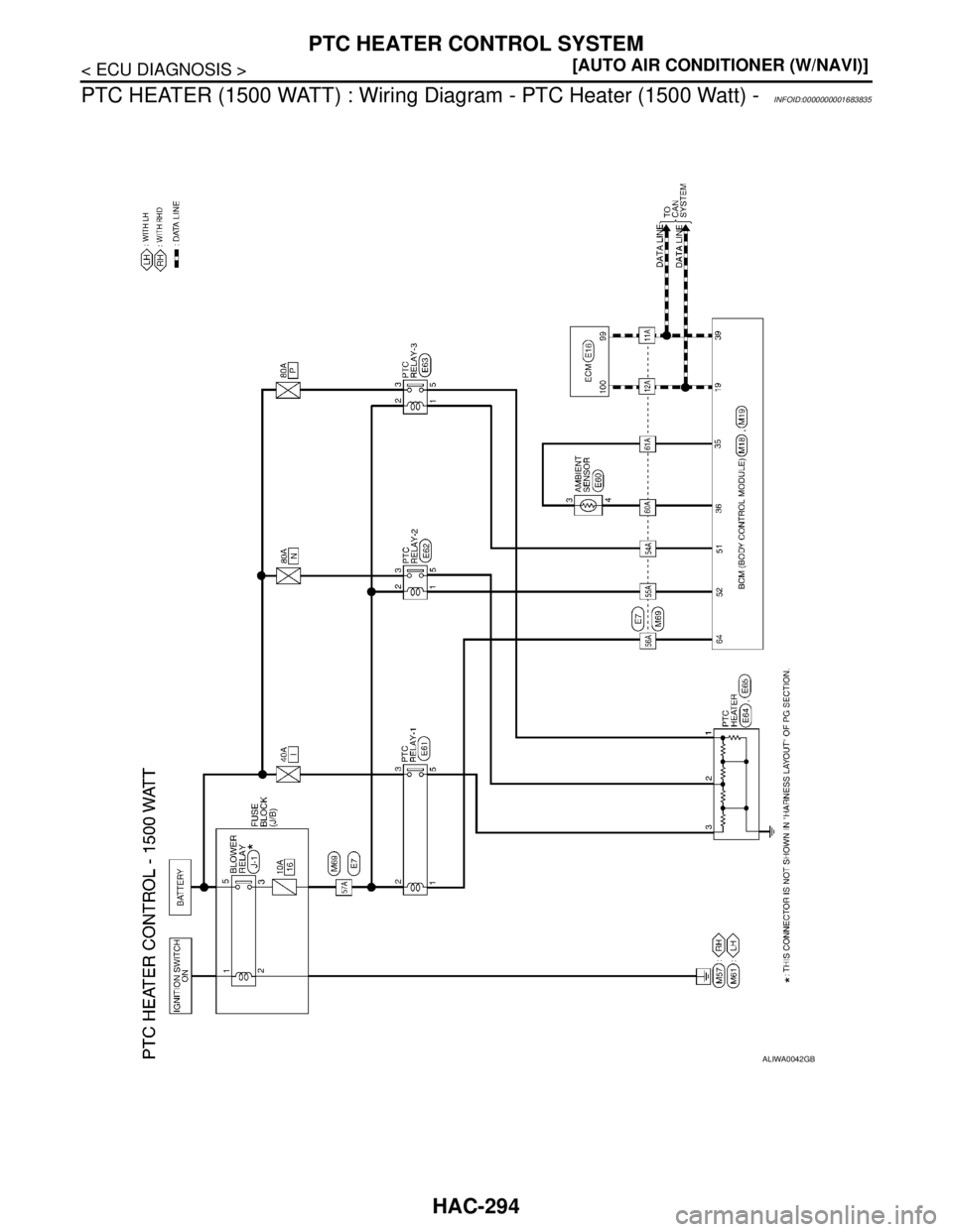 NISSAN TIIDA 2007  Service Repair Manual HAC-294
< ECU DIAGNOSIS >[AUTO AIR CONDITIONER (W/NAVI)]
PTC HEATER CONTROL SYSTEM
PTC HEATER (1500 WATT) : Wiring Diagram - PTC Heater (1500 Watt) -
INFOID:0000000001683835
ALIWA0042GB 