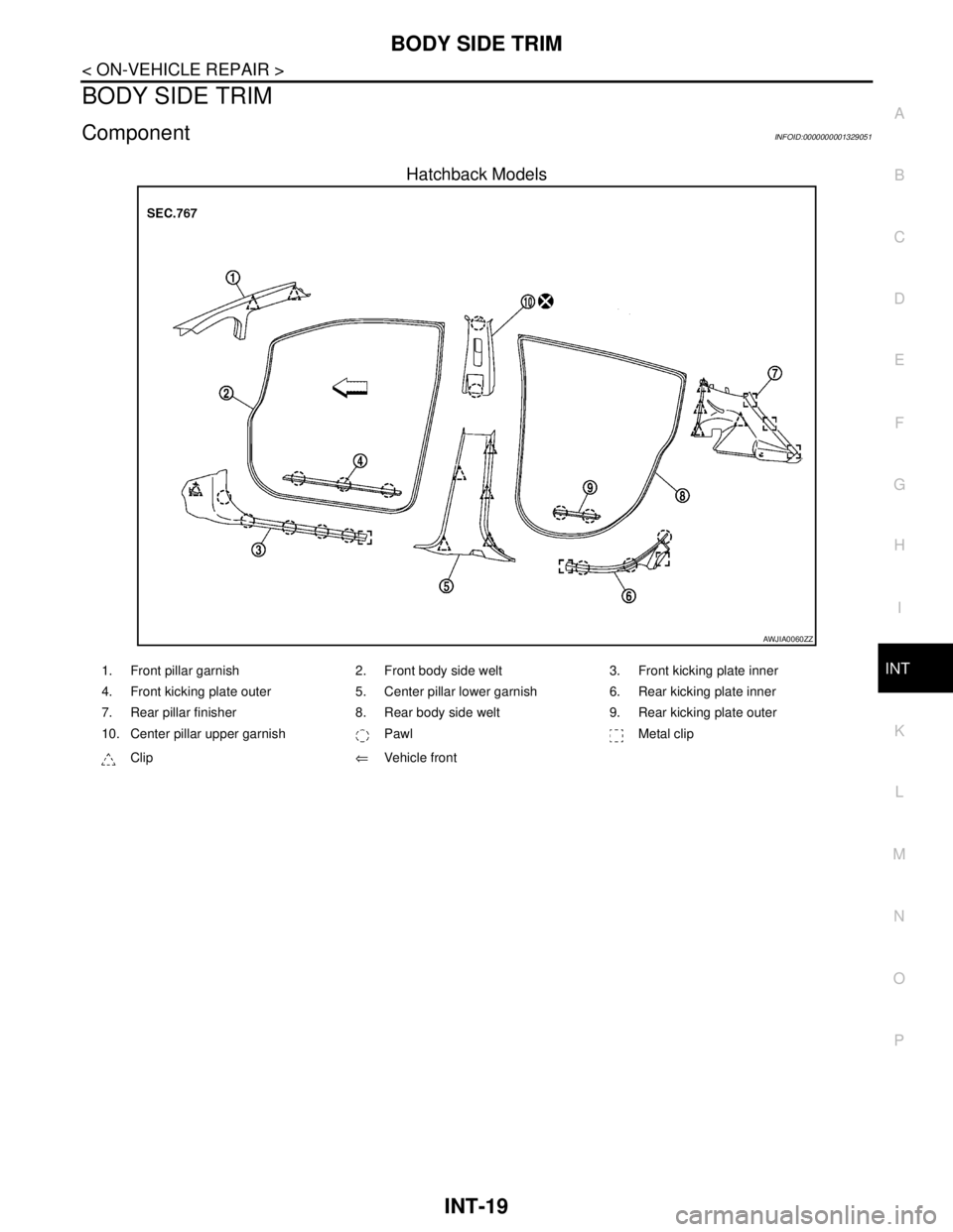 NISSAN TIIDA 2007 Service Owners Manual BODY SIDE TRIM
INT-19
< ON-VEHICLE REPAIR >
C
D
E
F
G
H
I
K
L
MA
B
INT
N
O
P
BODY SIDE TRIM
ComponentINFOID:0000000001329051
Hatchback Models
AWJIA0060ZZ
1. Front pillar garnish 2. Front body side wel NISSAN TIIDA 2007 Service Owners Manual BODY SIDE TRIM
INT-19
< ON-VEHICLE REPAIR >
C
D
E
F
G
H
I
K
L
MA
B
INT
N
O
P
BODY SIDE TRIM
ComponentINFOID:0000000001329051
Hatchback Models
AWJIA0060ZZ
1. Front pillar garnish 2. Front body side wel