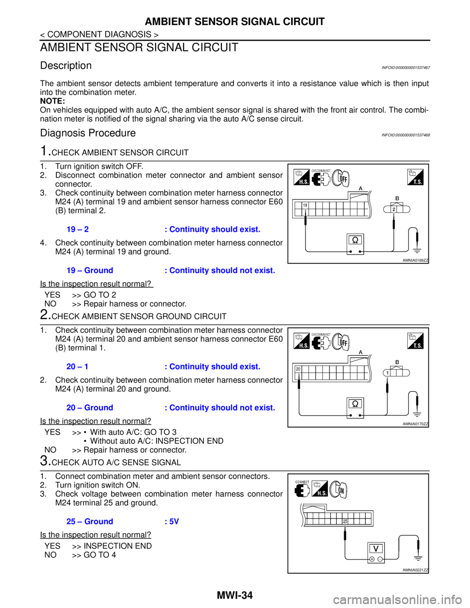 NISSAN TIIDA 2007 Service Repair Manual MWI-34
< COMPONENT DIAGNOSIS >
AMBIENT SENSOR SIGNAL CIRCUIT
AMBIENT SENSOR SIGNAL CIRCUIT
DescriptionINFOID:0000000001537467
The ambient sensor detects ambient temperature and converts it into a resi NISSAN TIIDA 2007 Service Repair Manual MWI-34
< COMPONENT DIAGNOSIS >
AMBIENT SENSOR SIGNAL CIRCUIT
AMBIENT SENSOR SIGNAL CIRCUIT
DescriptionINFOID:0000000001537467
The ambient sensor detects ambient temperature and converts it into a resi