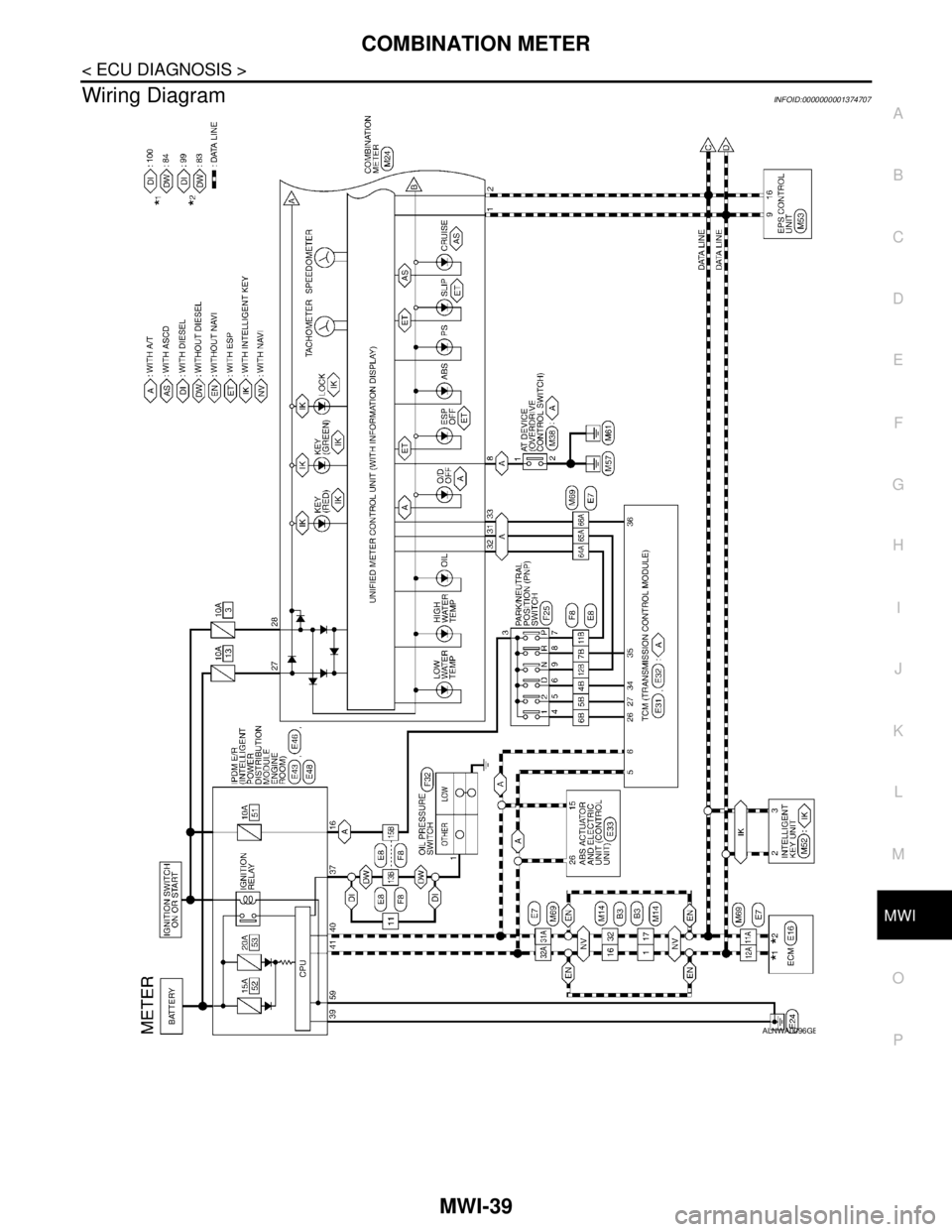 NISSAN TIIDA 2007  Service Repair Manual MWI
COMBINATION METER
MWI-39
< ECU DIAGNOSIS >
C
D
E
F
G
H
I
J
K
L
MB A
O
P
Wiring DiagramINFOID:0000000001374707
ALNWA0096GB 