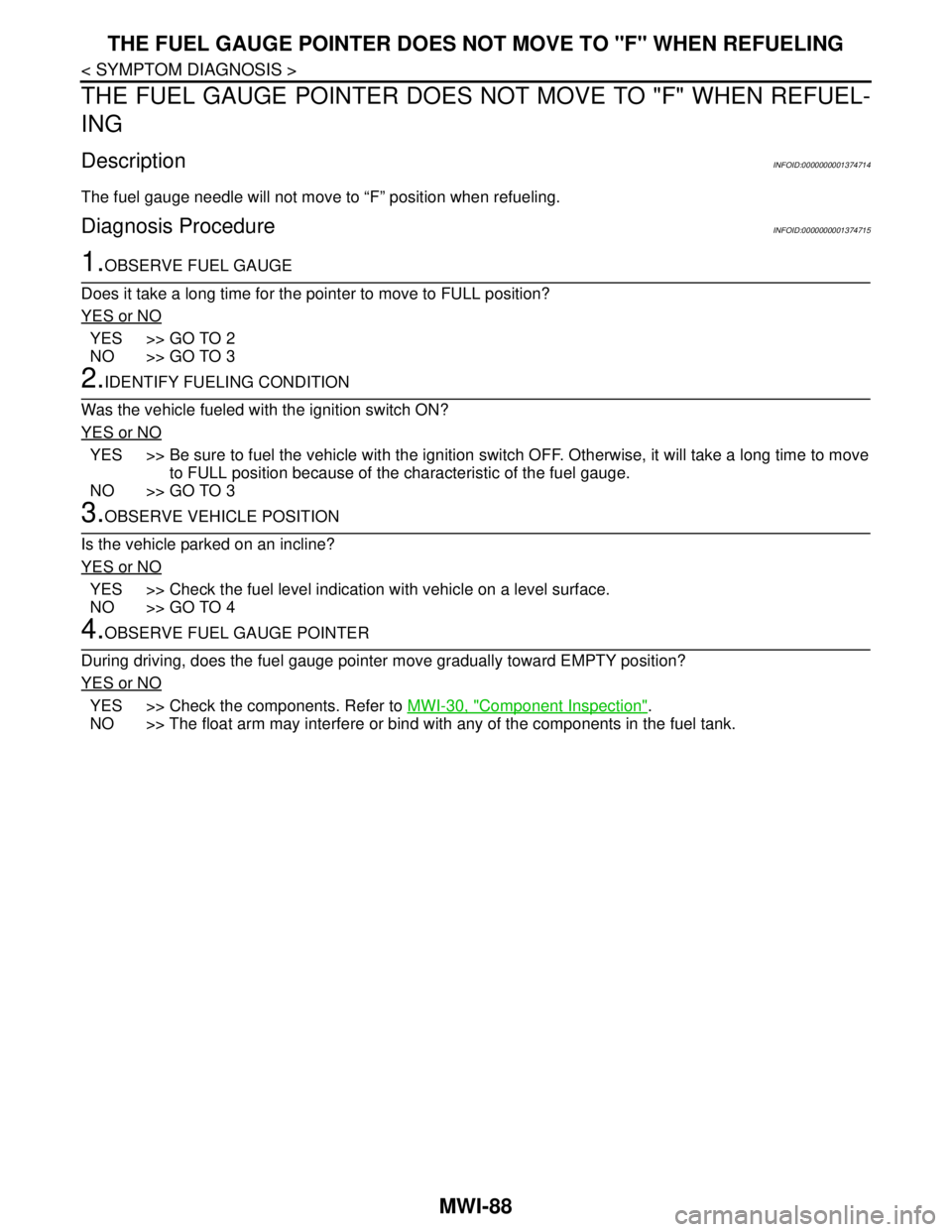 NISSAN TIIDA 2007  Service Repair Manual MWI-88
< SYMPTOM DIAGNOSIS >
THE FUEL GAUGE POINTER DOES NOT MOVE TO "F" WHEN REFUELING
THE FUEL GAUGE POINTER DOES NOT MOVE TO "F" WHEN REFUEL-
ING
DescriptionINFOID:0000000001374714
The fuel gauge n