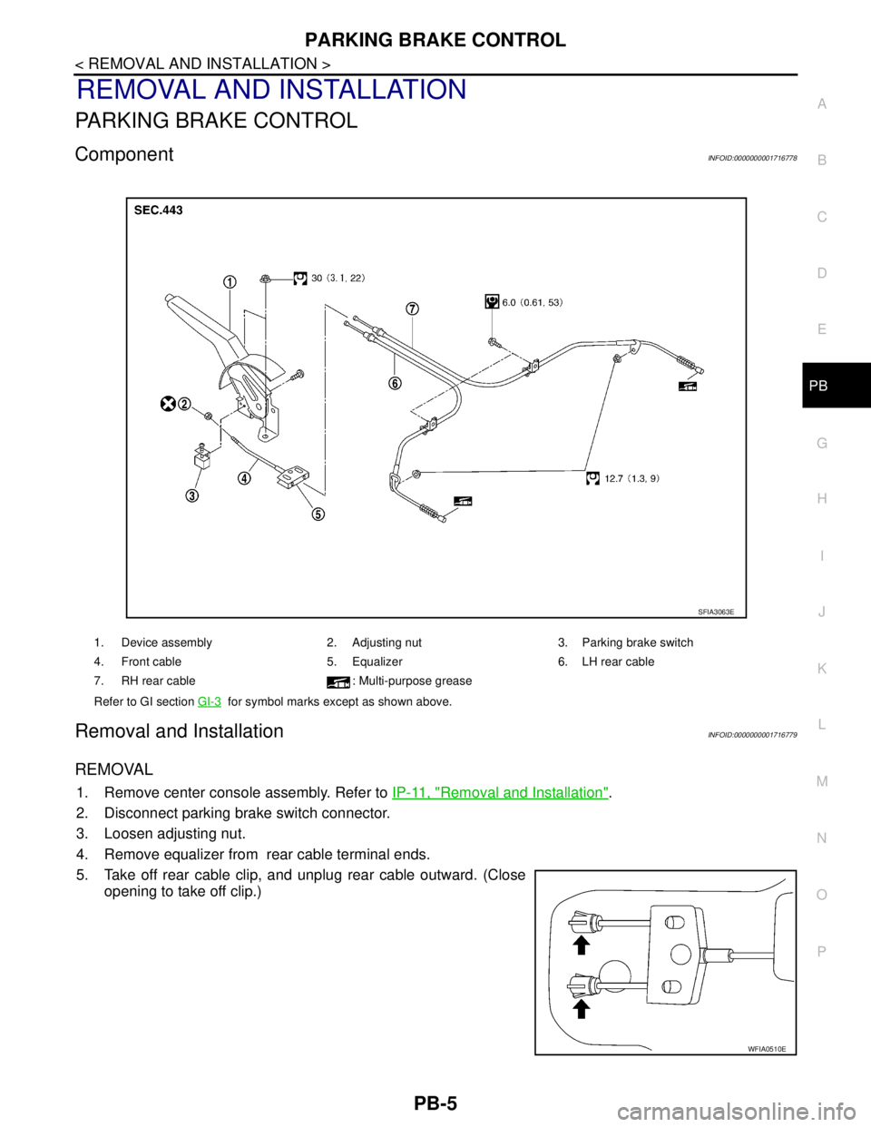 NISSAN TIIDA 2007 Service Repair Manual PARKING BRAKE CONTROL
PB-5
< REMOVAL AND INSTALLATION >
C
D
E
G
H
I
J
K
L
MA
B
PB
N
O
P
REMOVAL AND INSTALLATION
PARKING BRAKE CONTROL
ComponentINFOID:0000000001716778
Removal and InstallationINFOID:0 NISSAN TIIDA 2007 Service Repair Manual PARKING BRAKE CONTROL
PB-5
< REMOVAL AND INSTALLATION >
C
D
E
G
H
I
J
K
L
MA
B
PB
N
O
P
REMOVAL AND INSTALLATION
PARKING BRAKE CONTROL
ComponentINFOID:0000000001716778
Removal and InstallationINFOID:0