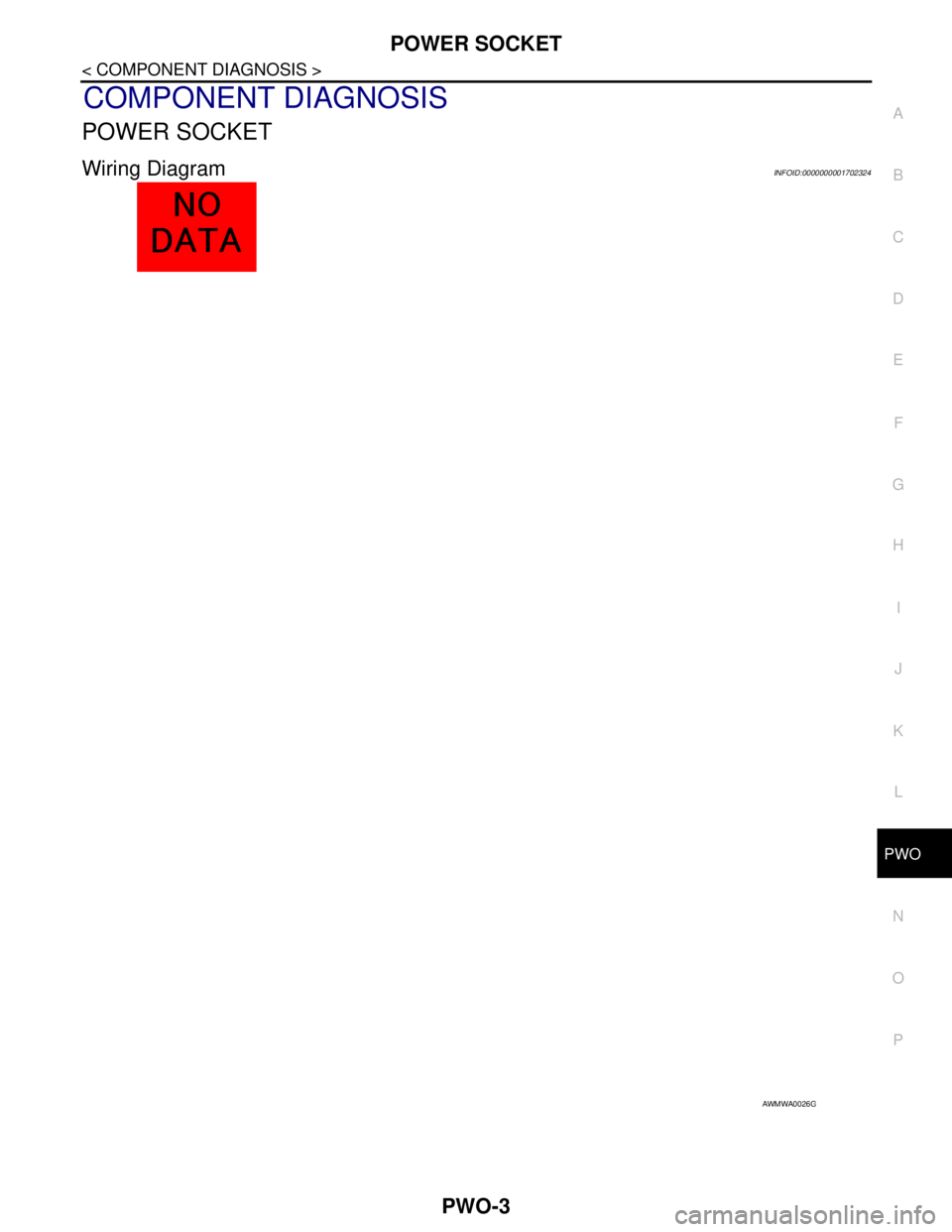 NISSAN TIIDA 2007  Service Repair Manual PWO
POWER SOCKET
PWO-3
< COMPONENT DIAGNOSIS >
C
D
E
F
G
H
I
J
K
L B A
O
P N
COMPONENT DIAGNOSIS
POWER SOCKET
Wiring DiagramINFOID:0000000001702324
AWMWA0026GB 
