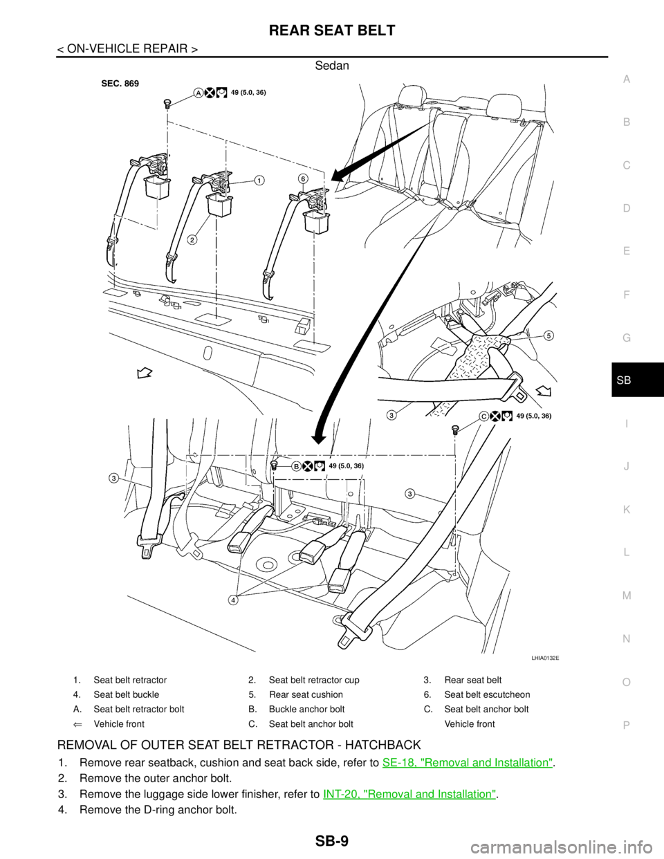 NISSAN TIIDA 2007  Service Repair Manual REAR SEAT BELT
SB-9
< ON-VEHICLE REPAIR >
C
D
E
F
G
I
J
K
L
MA
B
SB
N
O
P
Sedan
REMOVAL OF OUTER SEAT BELT RETRACTOR - HATCHBACK
1. Remove rear seatback, cushion and seat back side, refer to SE-18, "R