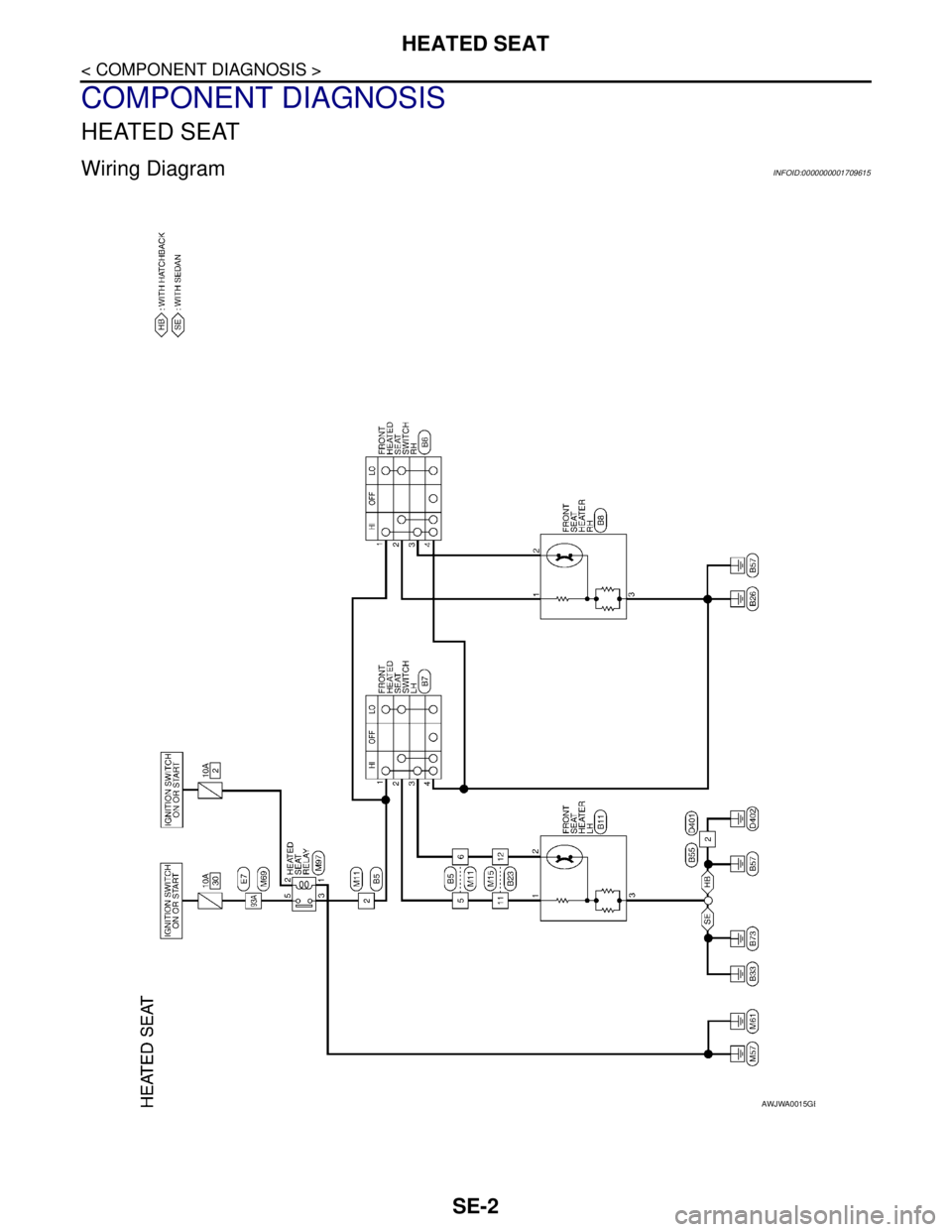 NISSAN TIIDA 2007  Service Repair Manual SE-2
< COMPONENT DIAGNOSIS >
HEATED SEAT
COMPONENT DIAGNOSIS
HEATED SEAT
Wiring DiagramINFOID:0000000001709615
AWJWA0015GB 
