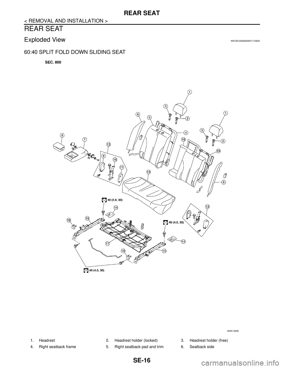 NISSAN TIIDA 2007  Service Repair Manual SE-16
< REMOVAL AND INSTALLATION >
REAR SEAT
REAR SEAT
Exploded ViewINFOID:0000000001710932
60:40 SPLIT FOLD DOWN SLIDING SEAT
WIIA1305E
1. Headrest 2. Headrest holder (locked) 3. Headrest holder (fre