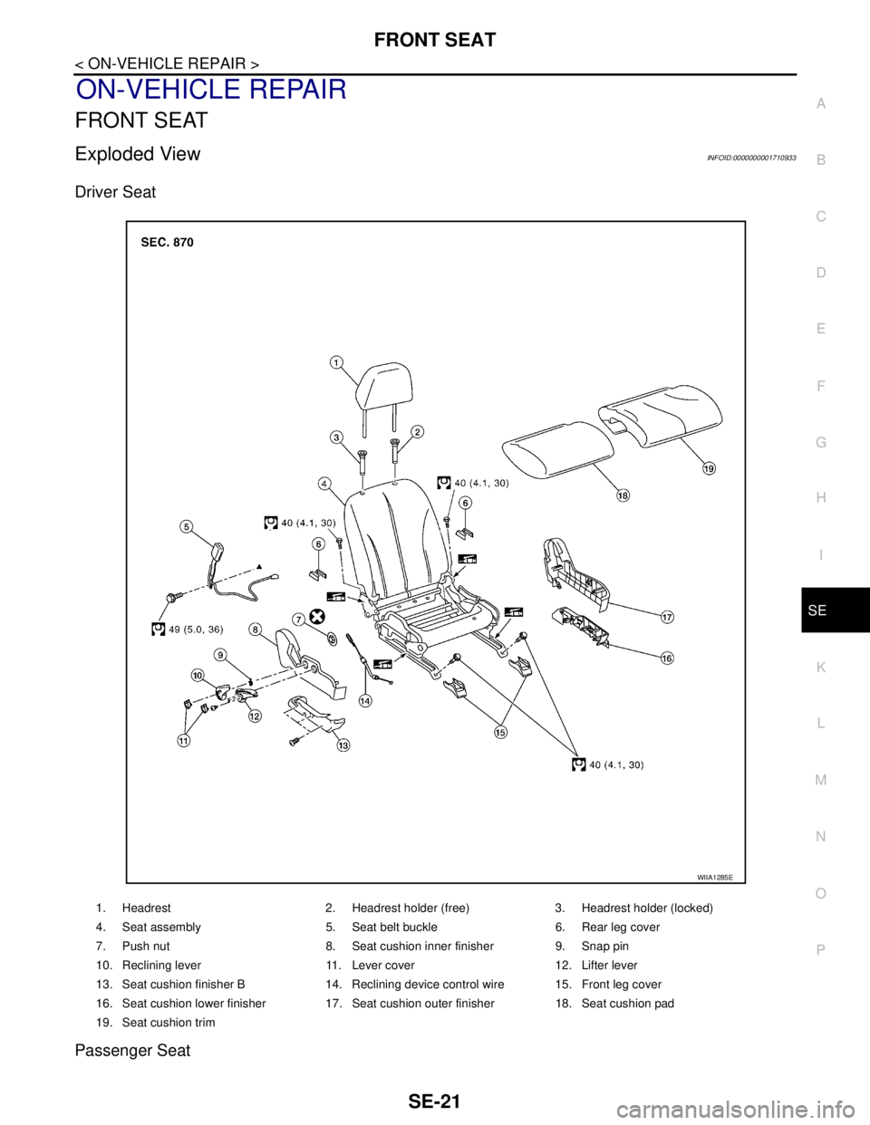 NISSAN TIIDA 2007  Service Repair Manual FRONT SEAT
SE-21
< ON-VEHICLE REPAIR >
C
D
E
F
G
H
I
K
L
MA
B
SE
N
O
P
ON-VEHICLE REPAIR
FRONT SEAT
Exploded ViewINFOID:0000000001710933
Driver Seat
Passenger Seat
1. Headrest 2. Headrest holder (free