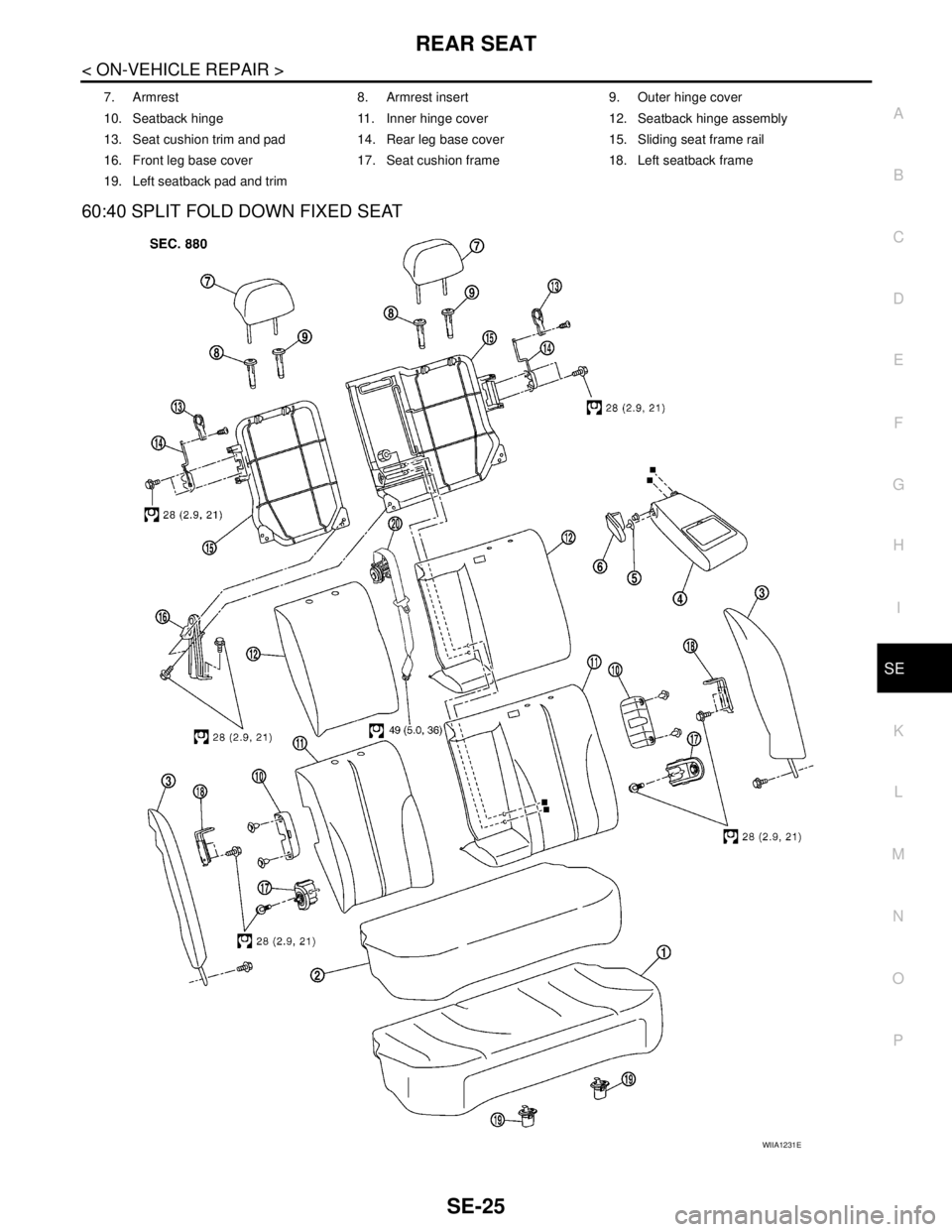 NISSAN TIIDA 2007  Service Repair Manual REAR SEAT
SE-25
< ON-VEHICLE REPAIR >
C
D
E
F
G
H
I
K
L
MA
B
SE
N
O
P
60:40 SPLIT FOLD DOWN FIXED SEAT
7. Armrest 8. Armrest insert 9. Outer hinge cover
10. Seatback hinge 11. Inner hinge cover 12. Se