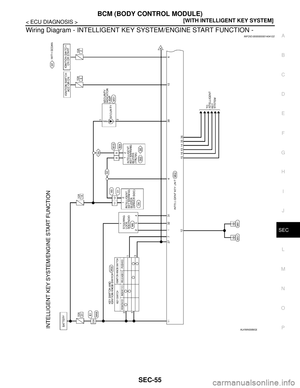 NISSAN TIIDA 2007  Service Repair Manual BCM (BODY CONTROL MODULE)
SEC-55
< ECU DIAGNOSIS >[WITH INTELLIGENT KEY SYSTEM]
C
D
E
F
G
H
I
J
L
MA
B
SEC
N
O
P
Wiring Diagram - INTELLIGENT KEY SYSTEM/ENGINE START FUNCTION -
INFOID:0000000001404122