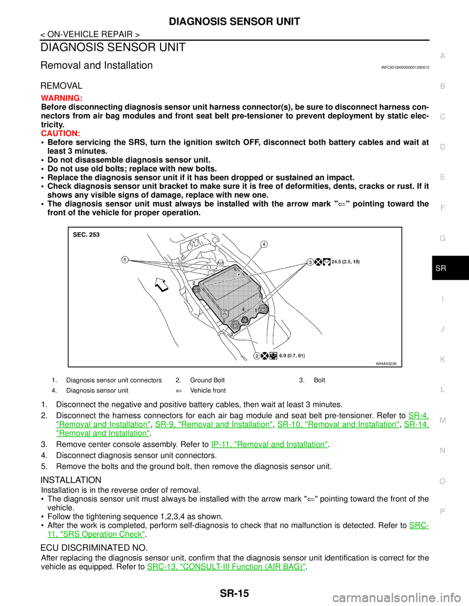 NISSAN TIIDA 2007  Service Repair Manual DIAGNOSIS SENSOR UNIT
SR-15
< ON-VEHICLE REPAIR >
C
D
E
F
G
I
J
K
L
MA
B
SR
N
O
P
DIAGNOSIS SENSOR UNIT
Removal and InstallationINFOID:0000000001350512
REMOVAL
WARNING:
Before disconnecting diagnosis 