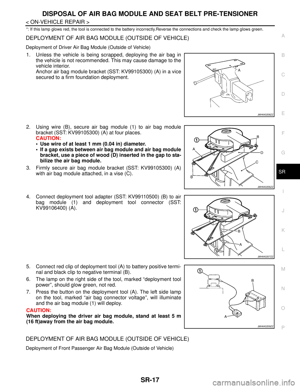 NISSAN TIIDA 2007  Service Repair Manual DISPOSAL OF AIR BAG MODULE AND SEAT BELT PRE-TENSIONER
SR-17
< ON-VEHICLE REPAIR >
C
D
E
F
G
I
J
K
L
MA
B
SR
N
O
P
*: If this lamp glows red, the tool is connected to the battery incorrectly.Reverse t