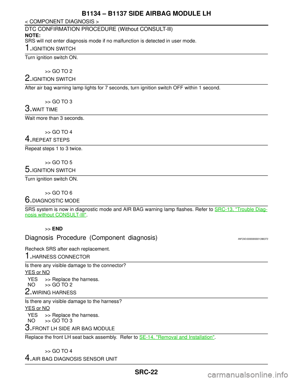 NISSAN TIIDA 2007 Service Repair Manual SRC-22
< COMPONENT DIAGNOSIS >
B1134 – B1137 SIDE AIRBAG MODULE LH
DTC CONFIRMATION PROCEDURE (Without CONSULT-lll)
NOTE:
SRS will not enter diagnosis mode if no malfunction is detected in user mode NISSAN TIIDA 2007 Service Repair Manual SRC-22
< COMPONENT DIAGNOSIS >
B1134 – B1137 SIDE AIRBAG MODULE LH
DTC CONFIRMATION PROCEDURE (Without CONSULT-lll)
NOTE:
SRS will not enter diagnosis mode if no malfunction is detected in user mode
