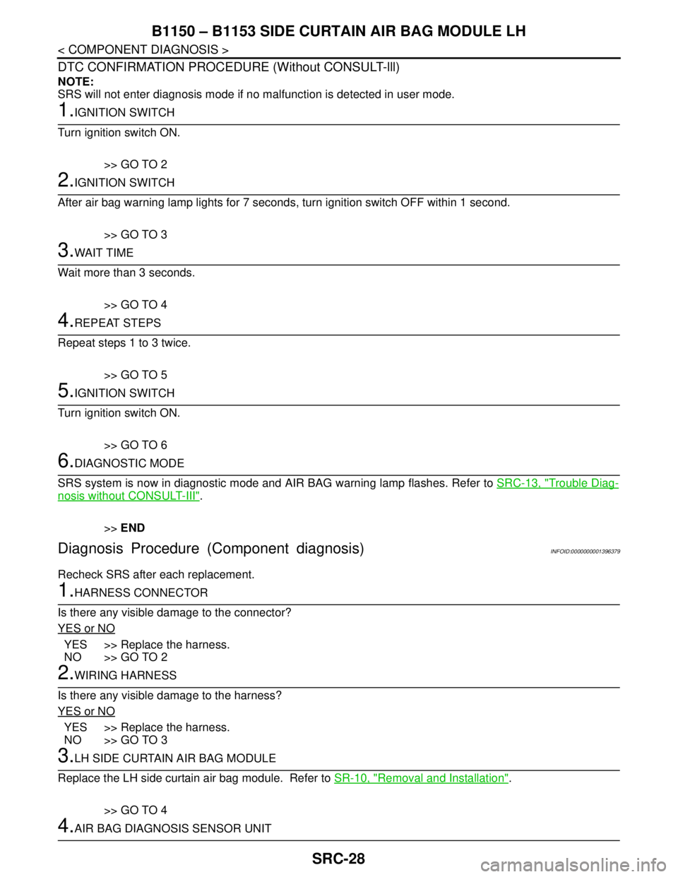 NISSAN TIIDA 2007 Service Repair Manual SRC-28
< COMPONENT DIAGNOSIS >
B1150 – B1153 SIDE CURTAIN AIR BAG MODULE LH
DTC CONFIRMATION PROCEDURE (Without CONSULT-lll)
NOTE:
SRS will not enter diagnosis mode if no malfunction is detected in NISSAN TIIDA 2007 Service Repair Manual SRC-28
< COMPONENT DIAGNOSIS >
B1150 – B1153 SIDE CURTAIN AIR BAG MODULE LH
DTC CONFIRMATION PROCEDURE (Without CONSULT-lll)
NOTE:
SRS will not enter diagnosis mode if no malfunction is detected in