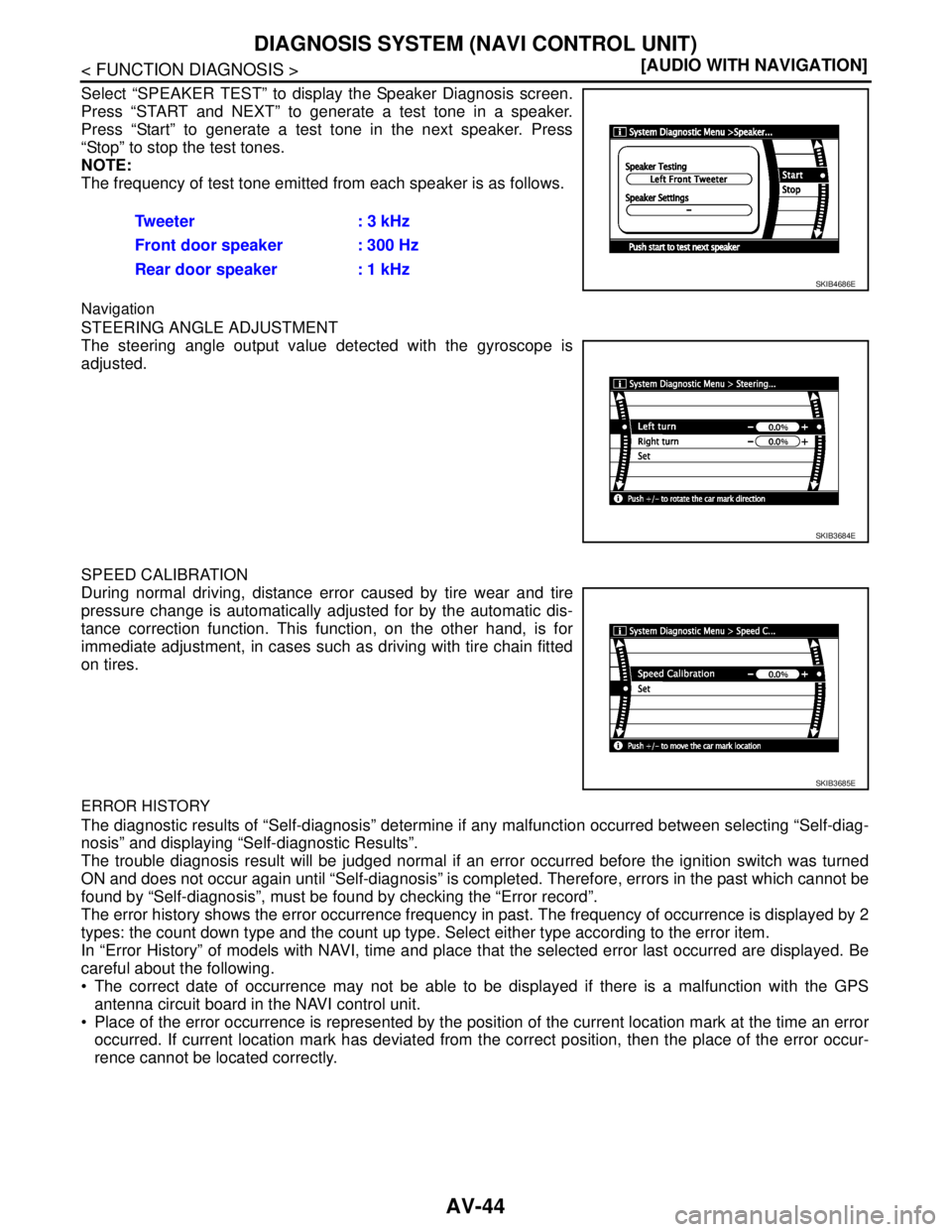NISSAN TIIDA 2007  Service Service Manual AV-44
< FUNCTION DIAGNOSIS >[AUDIO WITH NAVIGATION]
DIAGNOSIS SYSTEM (NAVI CONTROL UNIT)
Select “SPEAKER TEST” to display the Speaker Diagnosis screen.
Press “START and NEXT” to generate a tes
