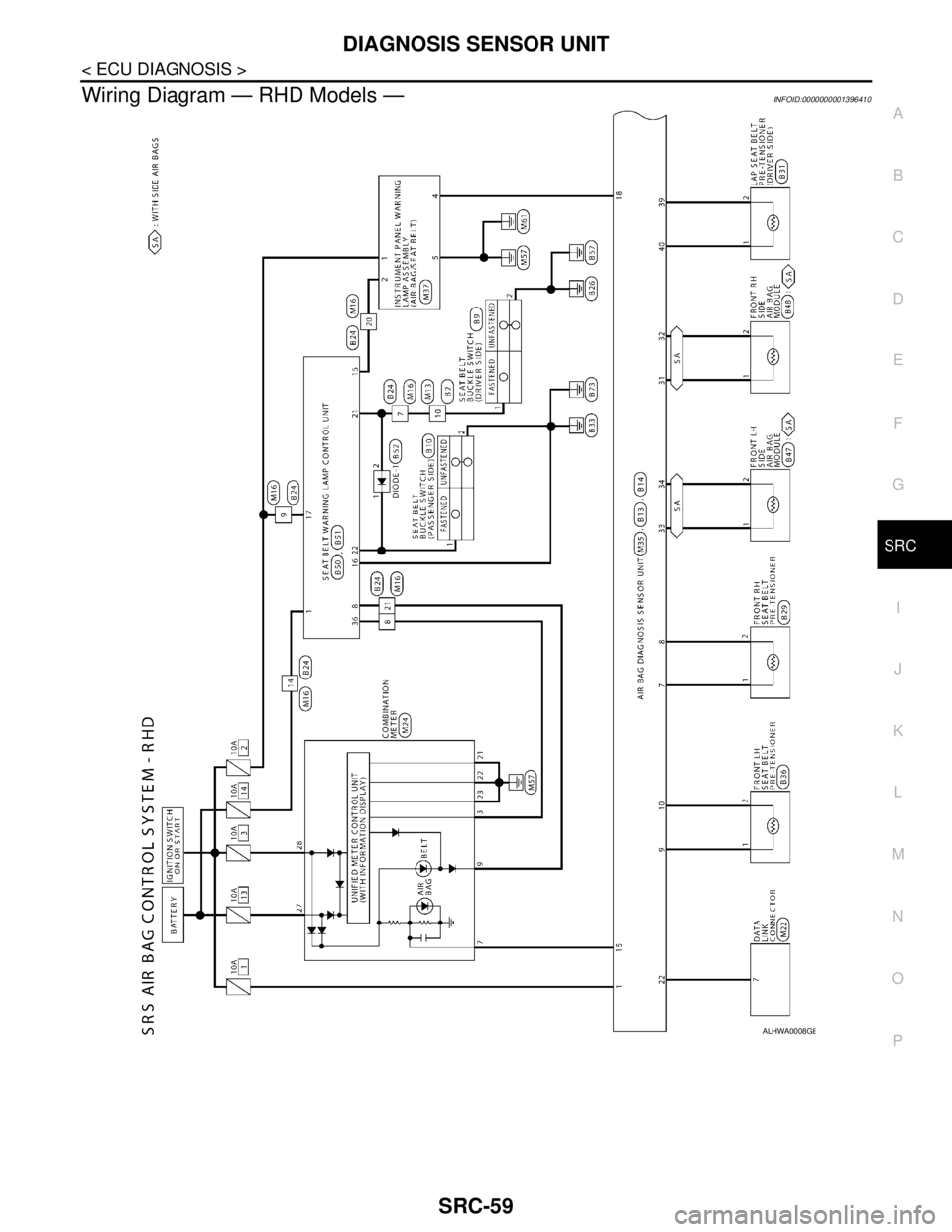 NISSAN TIIDA 2007  Service Repair Manual DIAGNOSIS SENSOR UNIT
SRC-59
< ECU DIAGNOSIS >
C
D
E
F
G
I
J
K
L
MA
B
SRC
N
O
P
Wiring Diagram — RHD Models —INFOID:0000000001396410
ALHWA0008GB 