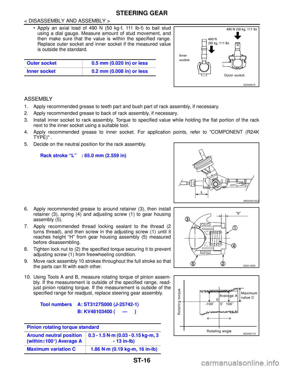 NISSAN TIIDA 2007  Service Repair Manual ST-16
< DISASSEMBLY AND ASSEMBLY >
STEERING GEAR
 Apply an axial load of 490 N (50 kg-f, 111 lb-f) to ball stud
using a dial gauge. Measure amount of stud movement, and
then make sure that the value 